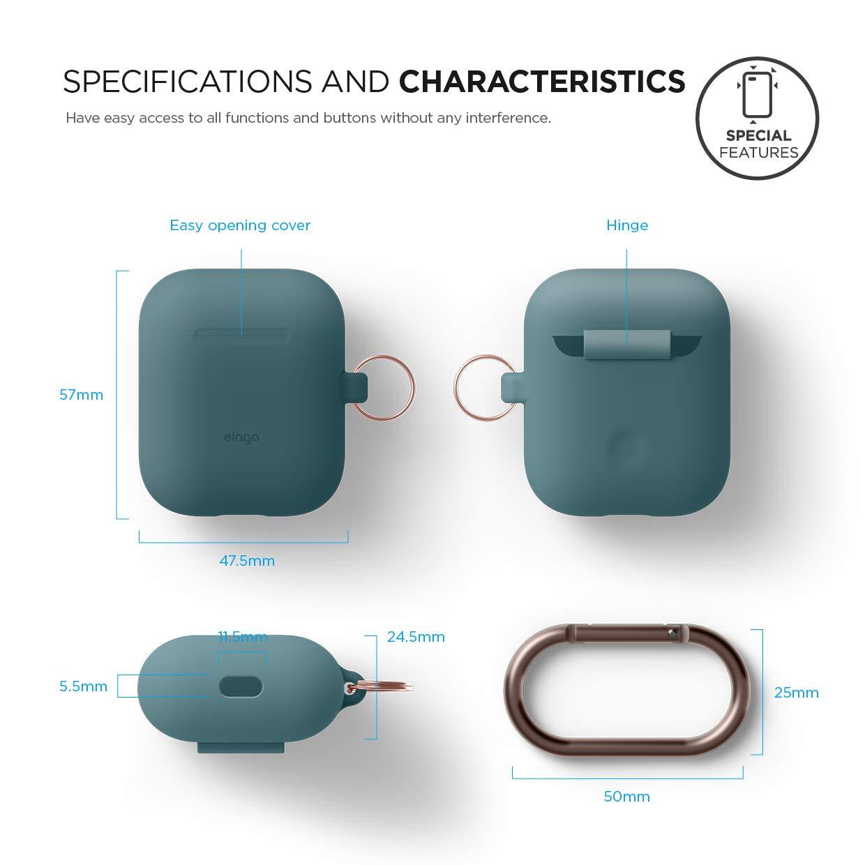 elago elago Silicone Case with Keychain Compatible with Apple AirPods Case 1 & 2, Front LED Visible, Supports Wireless Charging, Protective Silicone [Dark Turquoise]