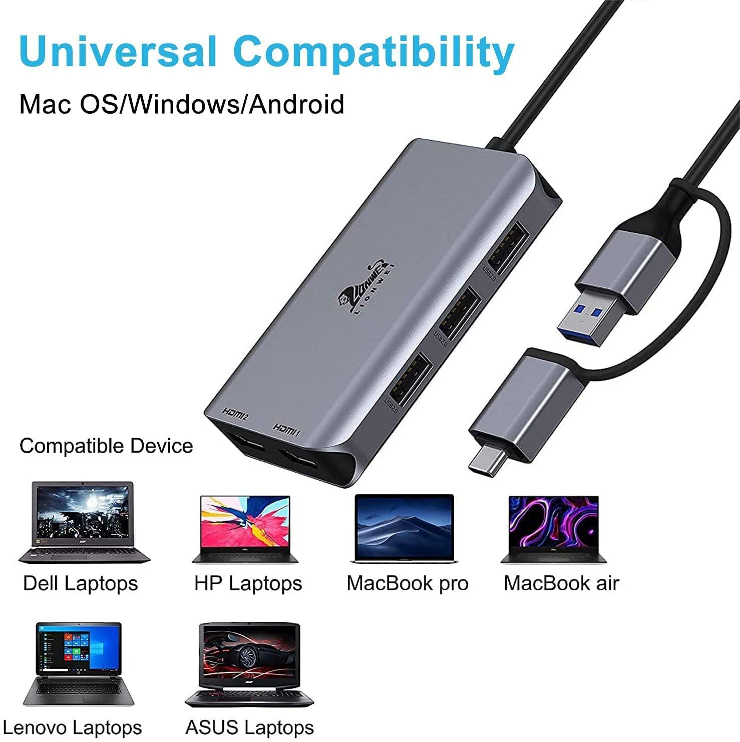 LIONWEI LIONWEI USB 3.0 to Dual HDMI Docking Station for Windows & macOS, USB C Adapter 2 Monitor Splitter for MacBook Pro/Air/M1/M2/Dell/HP/Lenovo/Surface
