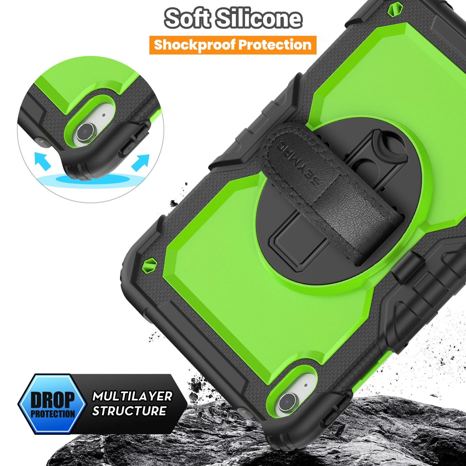 SEYMAC SEYMAC Case for iPad (A16) 11th/10th Generation 2025/2022 (11/10.9), Sturdy Heavy Duty Full-Body Shockproof Protective Case with Screen Protector, Rotating Stand, Hand/Shoulder Strap, Black/Green