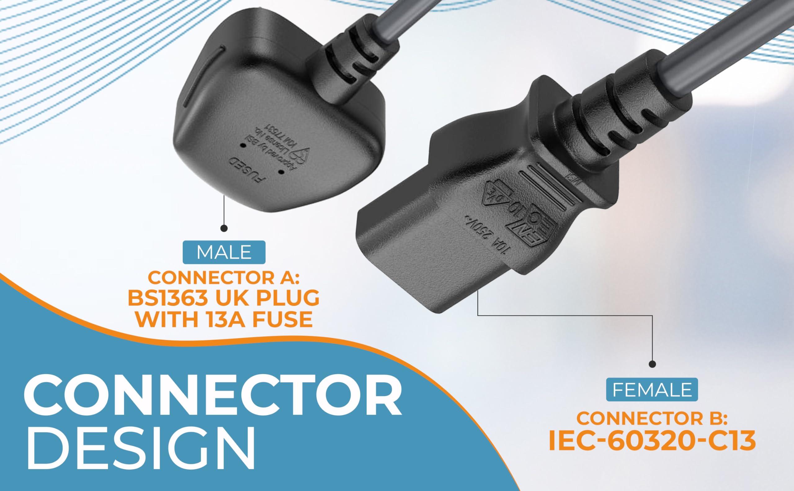 Cable Leader CableLeader 10ft IEC320 C13 to BS1363 England UK Power Cord with Fuse 18AWG 13A/250V, Heavy-Duty for PCs, Monitors, Scanners, Printers, Britain 3 Prong Type G Plug, Black