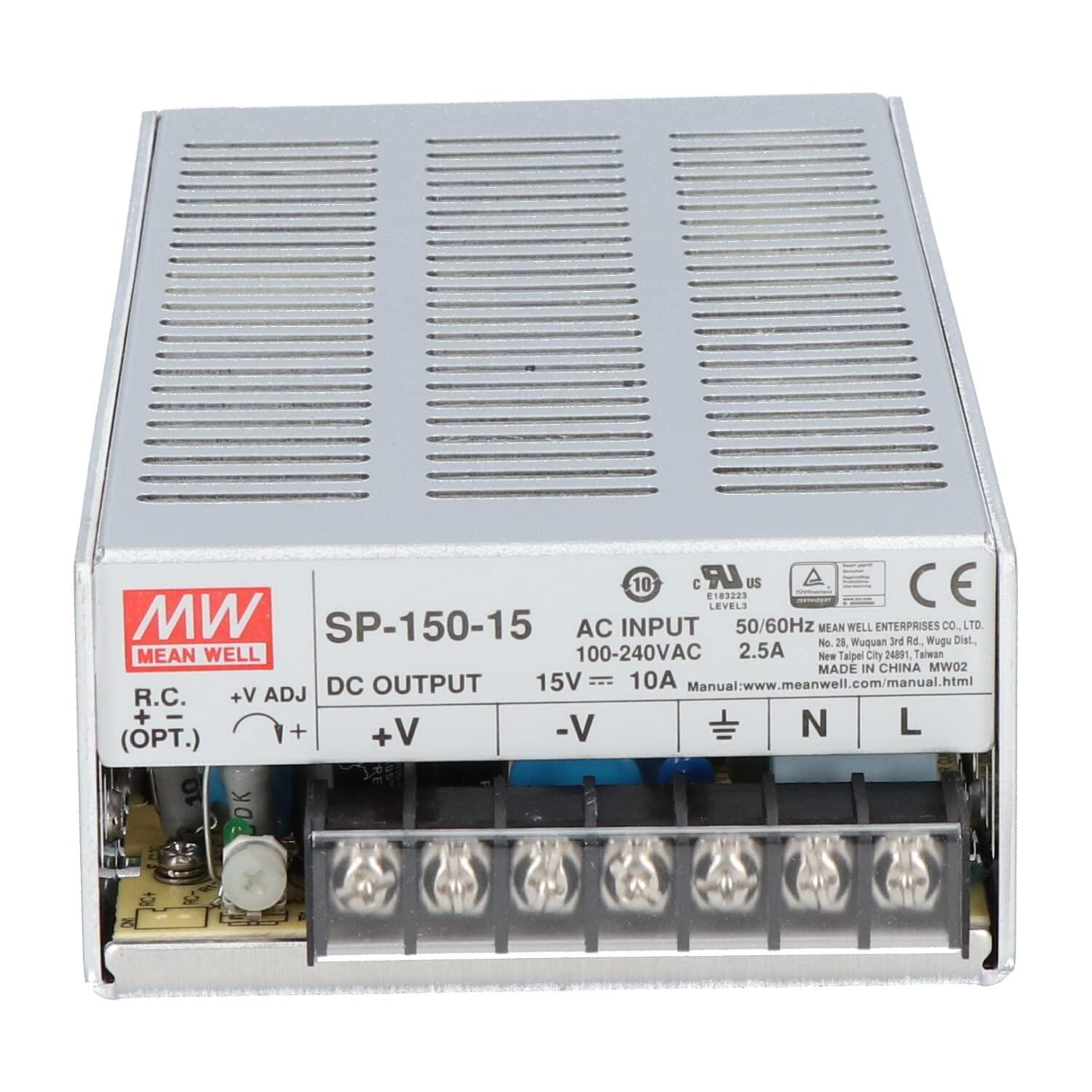 MEAN WELL Mean Well SP-150-15 Power Supply, Single Output, 15 Volt, 10 Amp, 150 Watt, 7.0" L x 3.9" W x 2.0" H, Silver