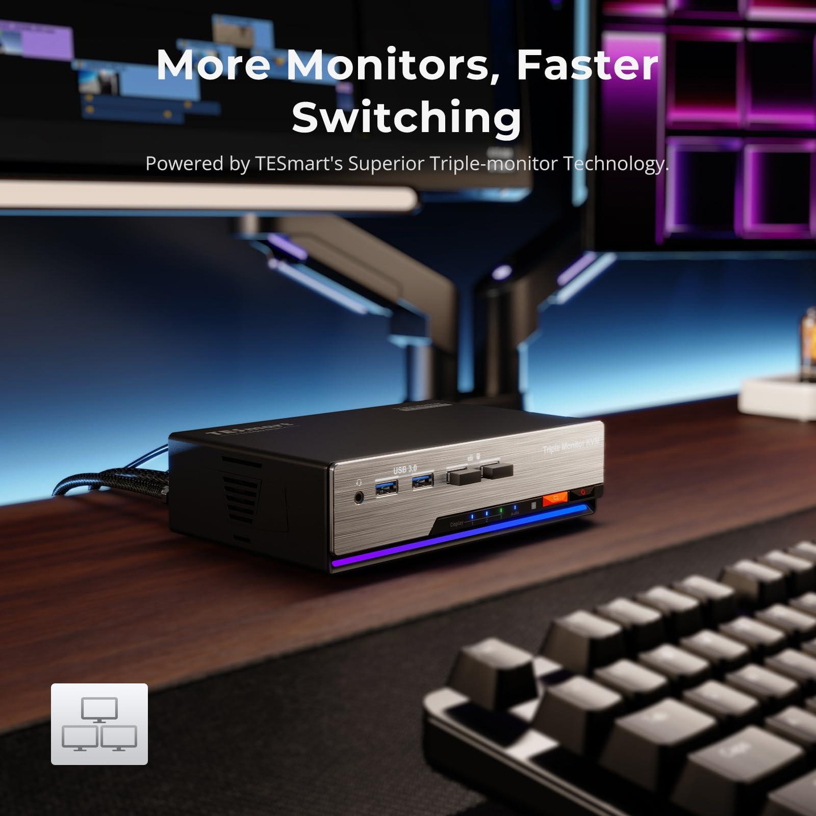 TESmart TESmart HDMI KVM Switch 3 Monitors 2 Computers 4K@60Hz, USB 3.0 KVM Switch Triple Monitor 2 Ports HDMI, Support EDID, 1G Ethernet, Hotkey Switch, Audio&Microphone for Gaming & Home Office