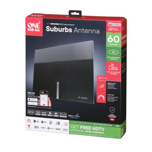 One For All One for All 16472 HDTV 1080p Amplified Indoor TV Antenna 50 Mile Range with Multi Directional Reception, 8 Feet Coaxial Cable & Signal Level Indicator - Black