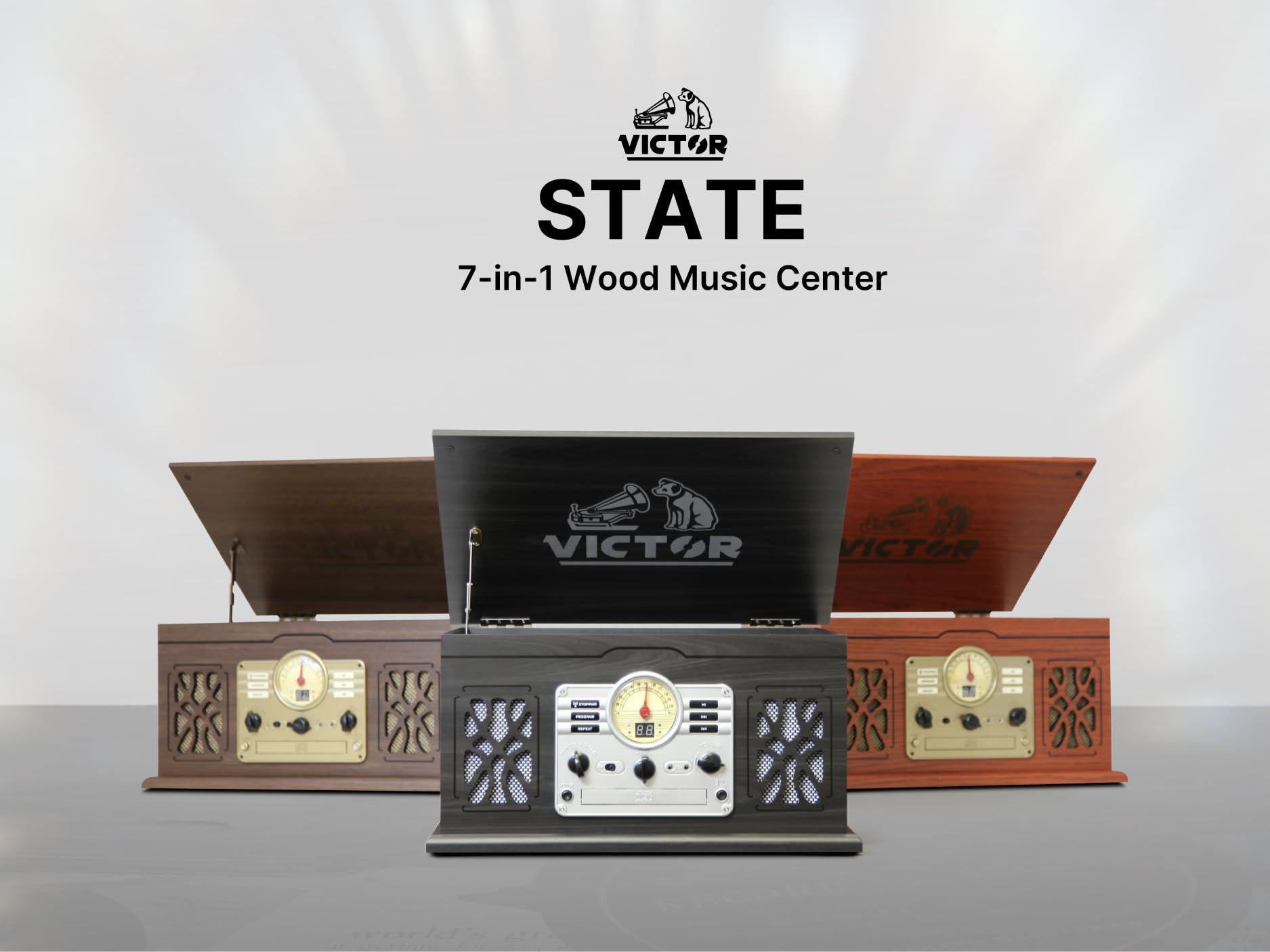 VICTOR Victor VWRP-3800 State 7-in-1 Turntable Music Center with 3-Speed Record Player, CD/MP3/Cassette Player, FM Radio, Dual Bluetooth In & Out, and Built-in Stereo Speakers Perfect for Music Enthusiasts