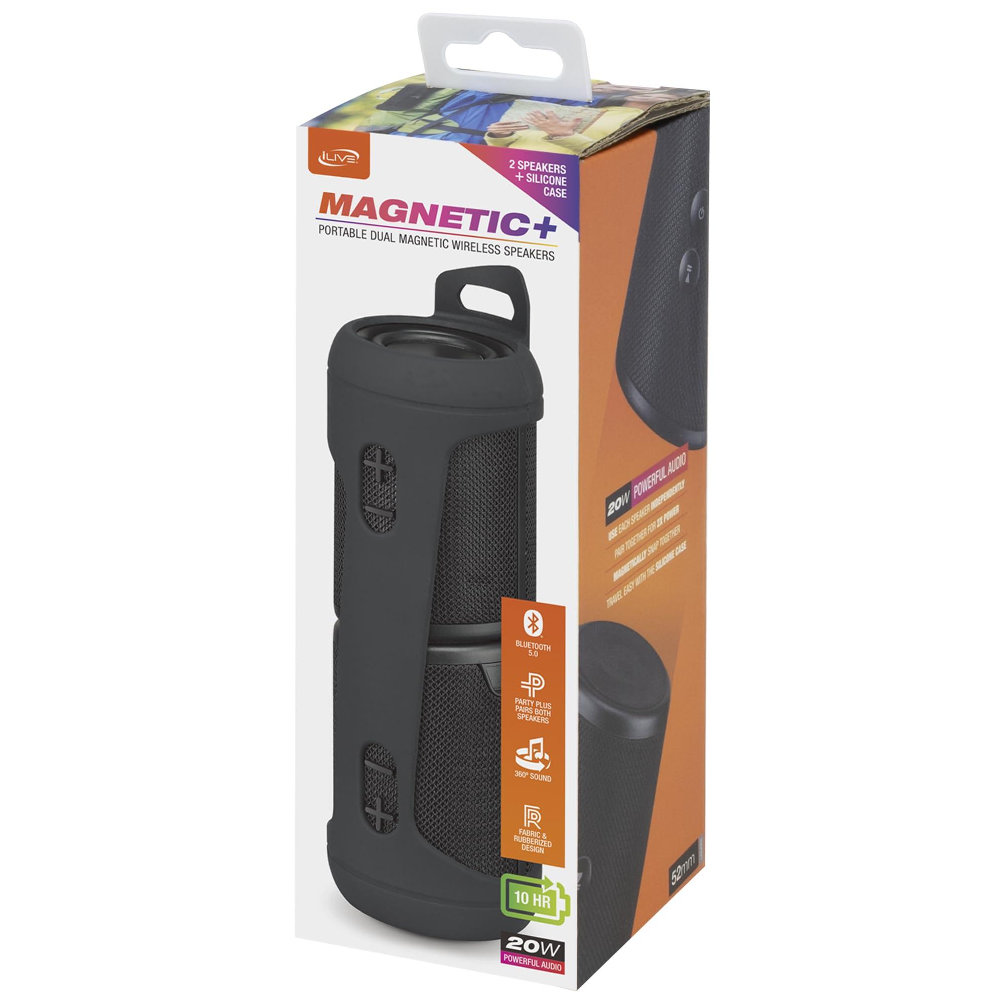 iLive Electronics iLive Electronics Magnetic + Portable Wireless Bluetooth Speaker Set with Fabric and Rubberized Coating Carry Strap and TWS System, Black, Pair, ISB2133B