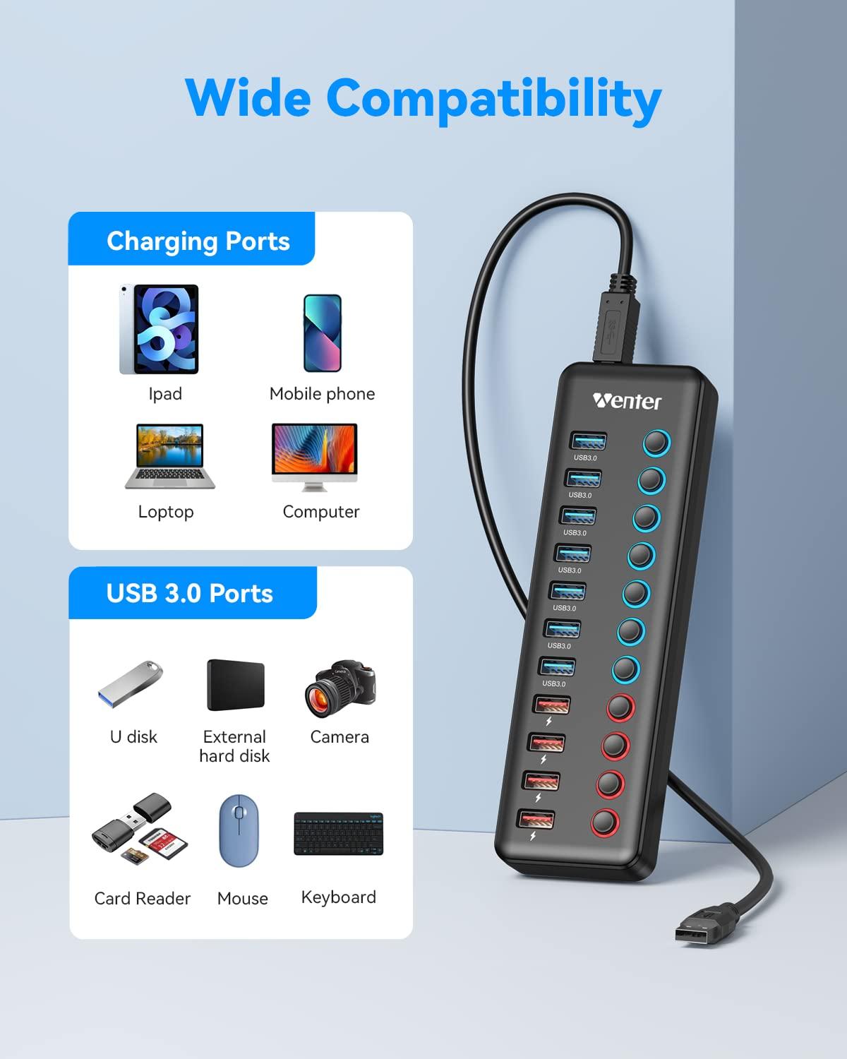 WENTER Powered USB 3.0 Hub, Wenter 11-Port Hub Splitter (7 Faster Data Transfer Ports+ 4 Smart Charging Ports) with Individual LED On/Off Switches, Power Adapter for Mac, PC