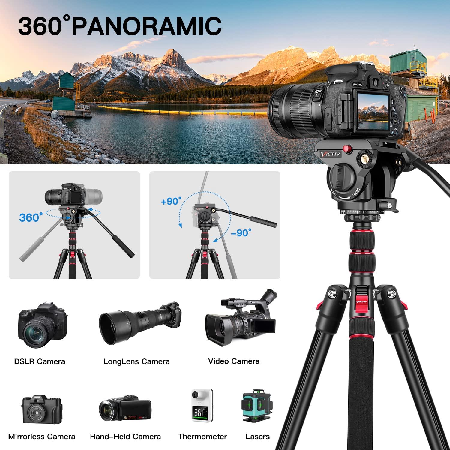 Victiv Tripod Camera Tripod, 72" Video Tripod with Fluid Head, Aluminum Heavy Duty Tripod with Carry Bag, Professional Camera Tripods & Monopods, Compatible with Video Camera, DSLR, Camcorder