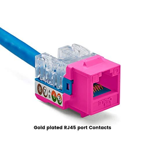 TRUE CABLE trueCABLE Cat6 Keystone Jack, Unshielded (UTP), 90 Degree Punch-Down, PoE++ (4PPoE) 100W, UL Listed, ETL Verified, ANSI/TIA Certified, Modular RJ45 Female, Pink, 12 Pack
