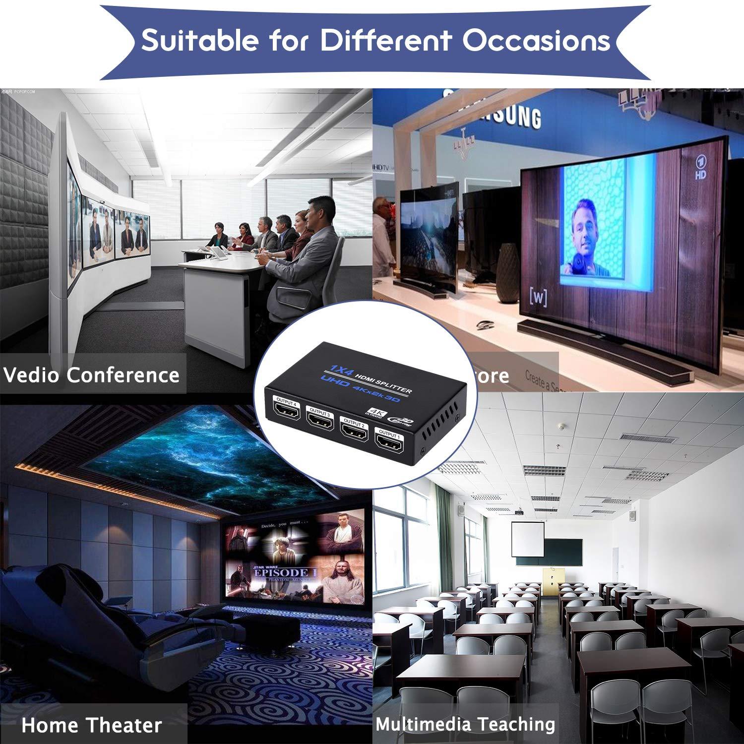 ENBUER 1x4 HDMI Splitter, 1 in 4 Out HDMI Splitter Audio Video Distributor Box Support 3D & 4K x 2K Compatible for HDTV, STB, DVD, PS3, Projector Etc, Duplicate/Mirror Screen Only (Not Extend)