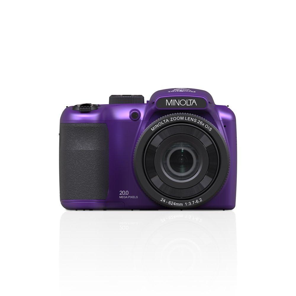 Minolta Minolta 20 Mega Pixels 26x Optical Zoom Digital Camera with 1080p FHD Video Bundle with 32 GB Memory Card + Vlogging Tripod + Cleaning kit + More Accessories - Purple