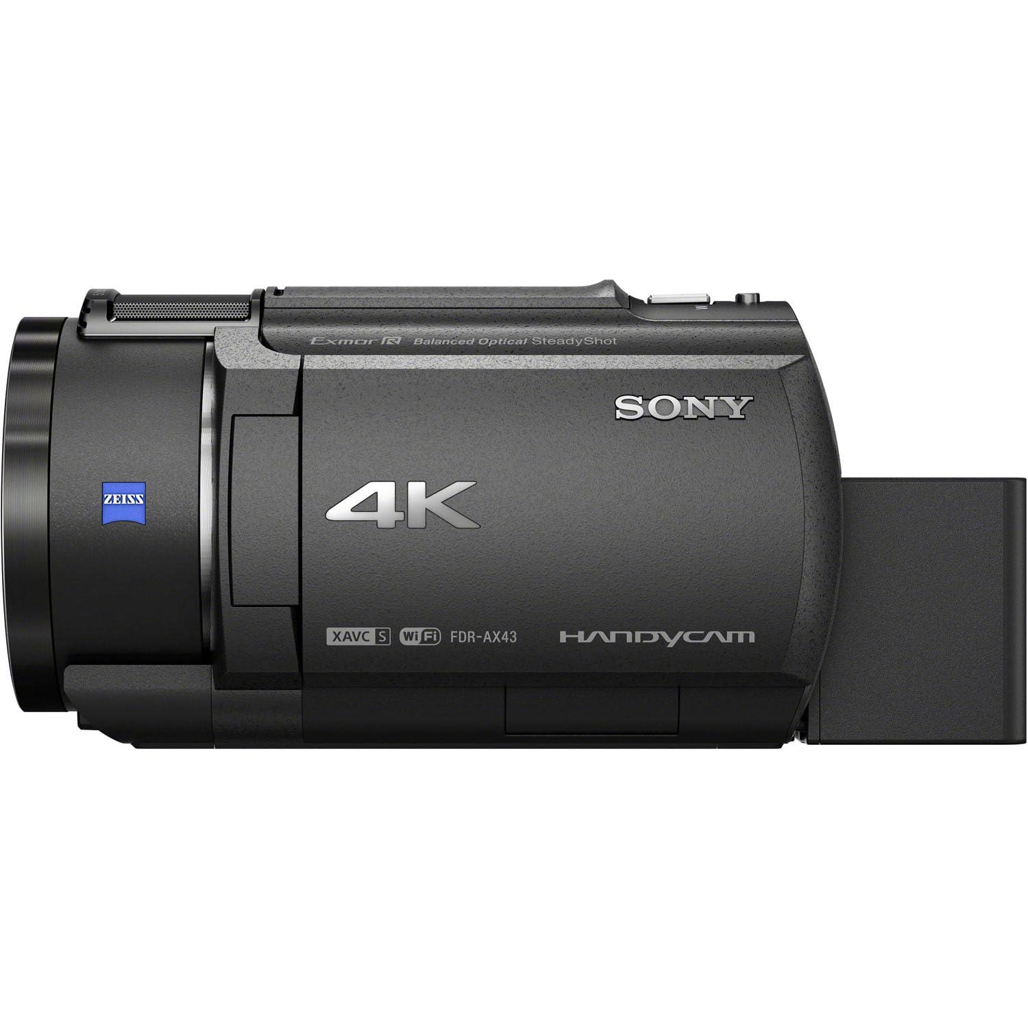Sony Sony FDR-AX43 UHD 4K Handycam Camcorder + AVX Wide Angle and Telephoto Lens + 2PC 64 GB Memory + Hand Grip Tripod + More (17pc Bundle) (Renewed)