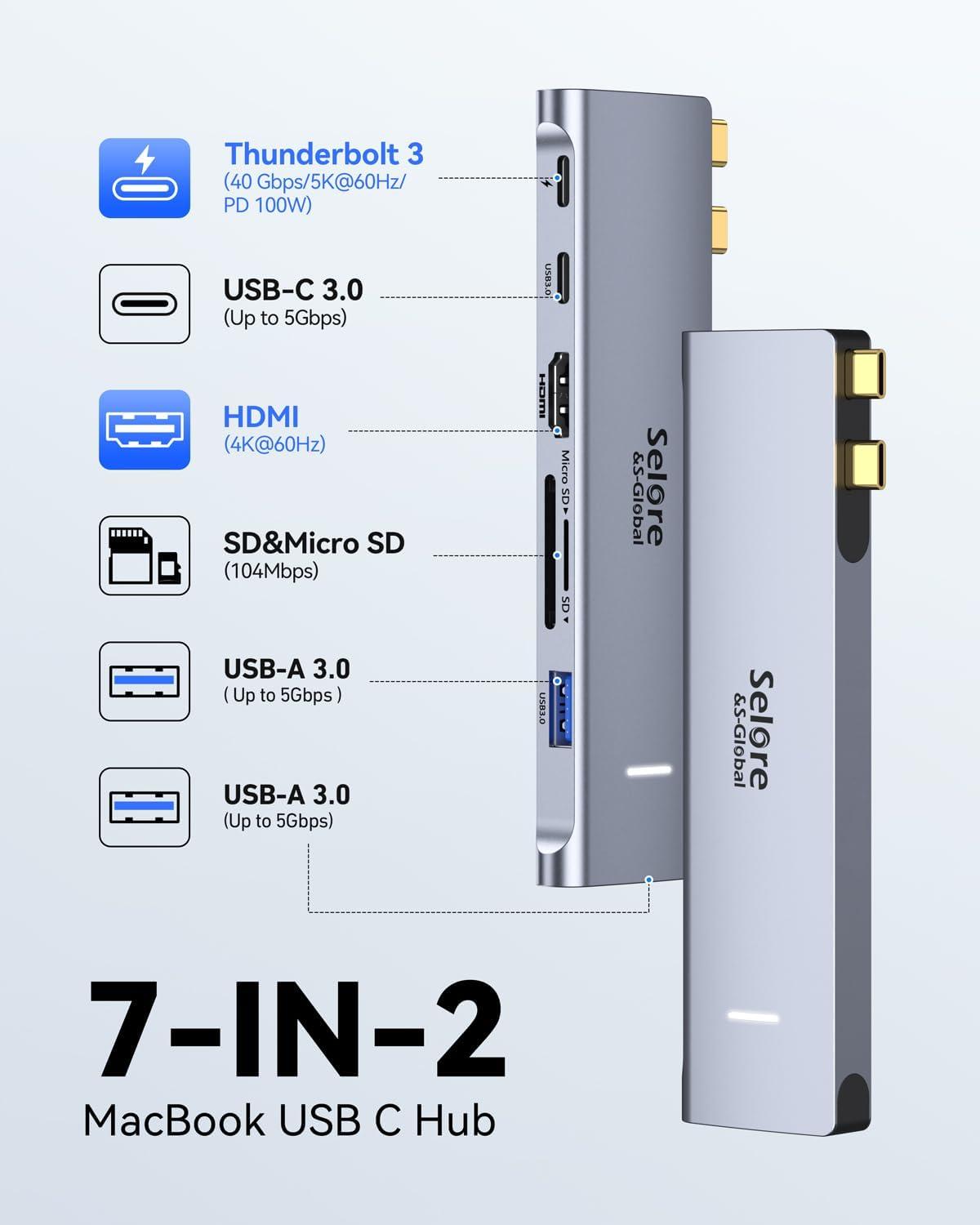 Selore&S-Global USB C Adapter HDMI Hub for MacBook Pro/Air M1 M2 M3 2024 2023 13" 15" 16",Mac USB Adapter 7-in-2, MacBook Accessories with HDMI,Thunderbolt 3, USB C and 2 A 3.0 Data Ports, SD&microSD Card Reader