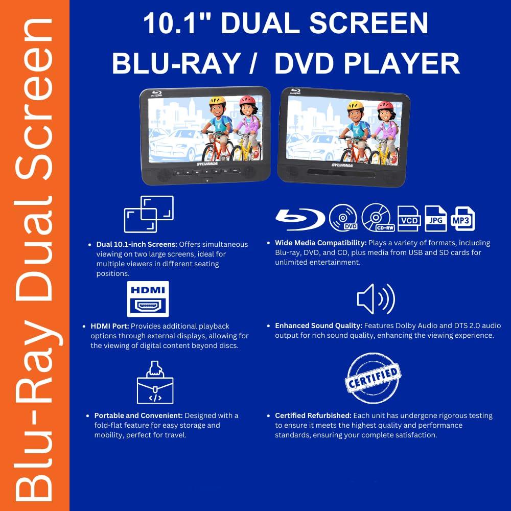 SYLVANIA Sylvania 10.1\" Dual Screen 720p Portable Blu-ray DVD CD player with HDMI out (1080p), SD Card slot, USB, Perfect Entertainment for Car use, Long Road Trips or on Vacation - SDVD1087 (Renewed)