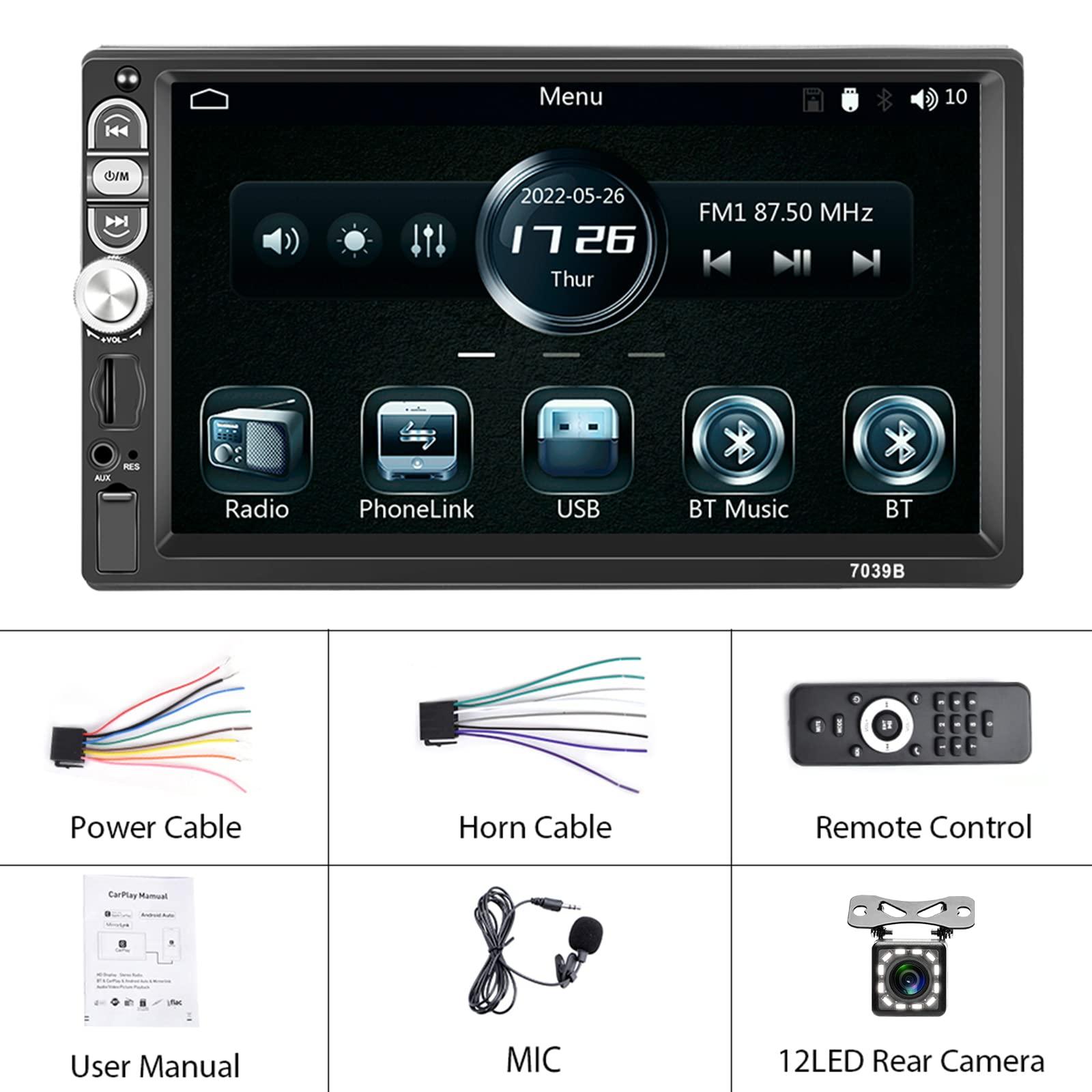 podofo Single Din Car Stereo Radio with Carplay Android Auto,Podofo 7Inch 1080P HD IPS Touchscreen 5.1Bluetooth Car Radio Audio Support FM Radio EQ Mirror Link SWC USB/TF/Aux-in Ports+Backup Camera