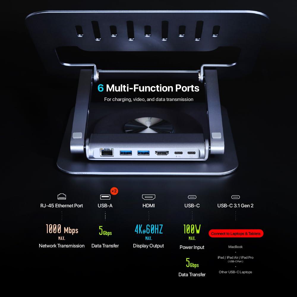 ADAM ELEMENTS ADAM elements USB-C Stand Pro/Laptop Docking Station CASA Hub Stand Pro 6in1 Multiport Stand Hub for M2/M1 Mac, iPad & Laptop Series- USB-C Host, USB-A x2, USB-C PD, HDMI, RJ45