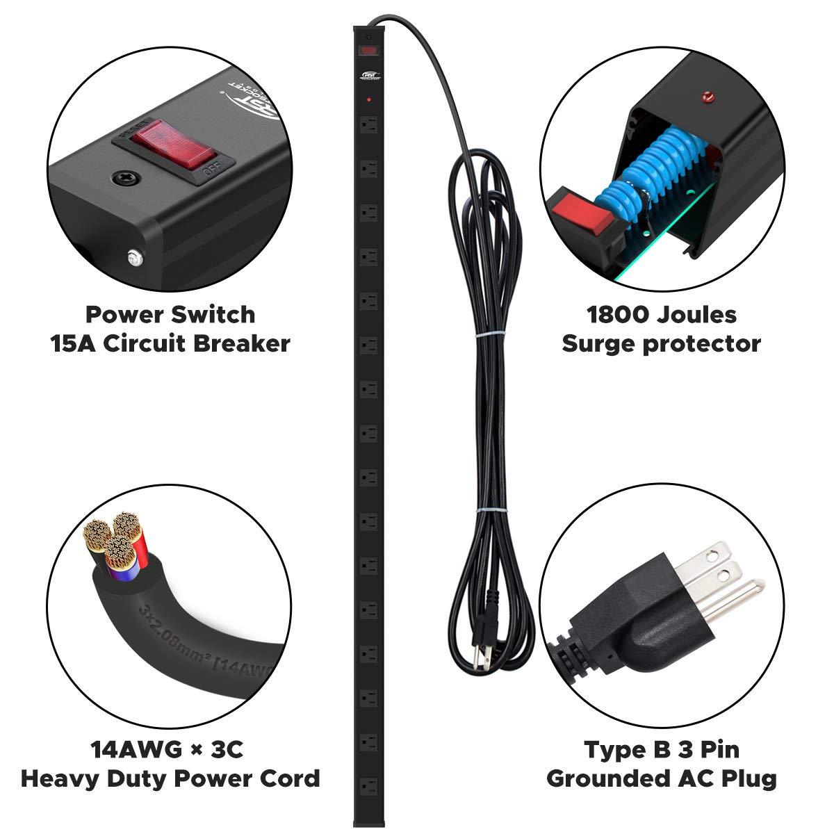 CRST CRST Heavy Duty Power Strip 16-Outlet & 12-Outelet Metal Power Strip with Surge Protector,Wide Spaced 15Ft Long Cord.