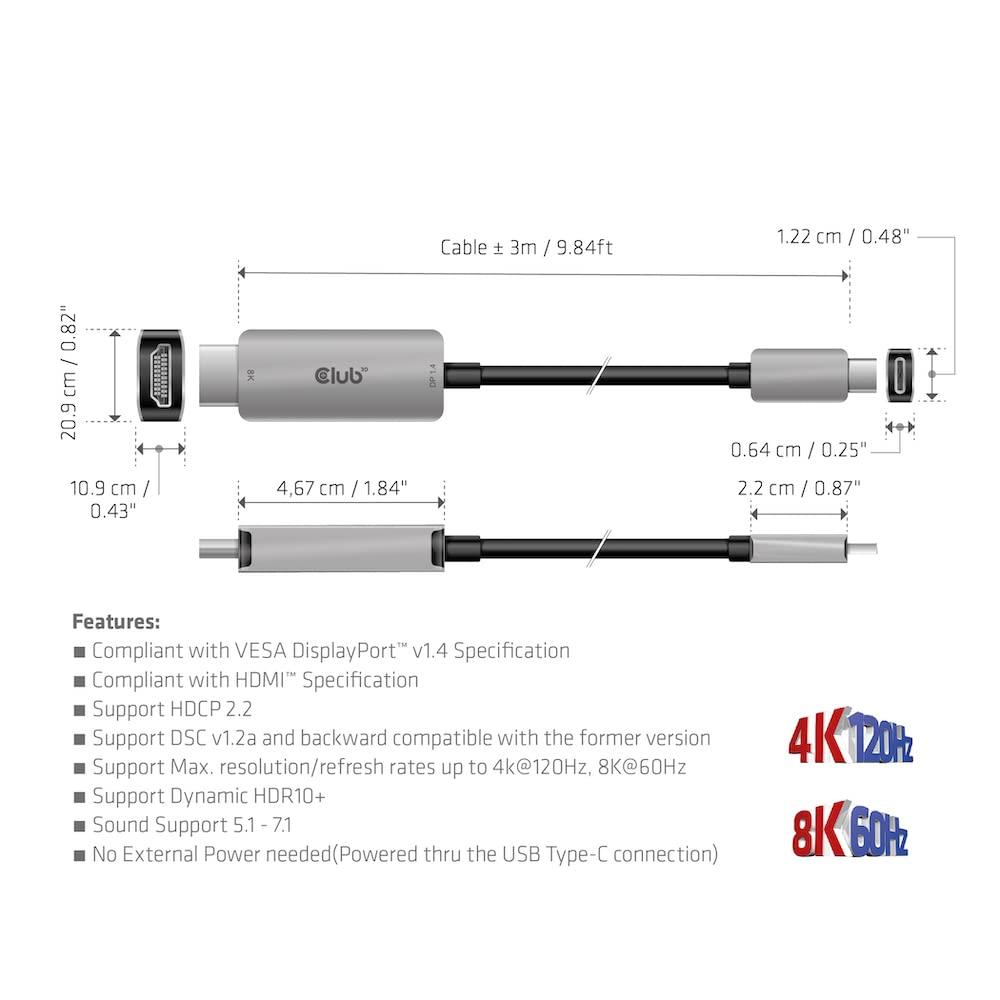 Club 3D Club 3D USB Gen2 Type-C to HDMI 4K120Hz/8K60Hz HDR10, DSC1.2 Active Cable M/M 3 m