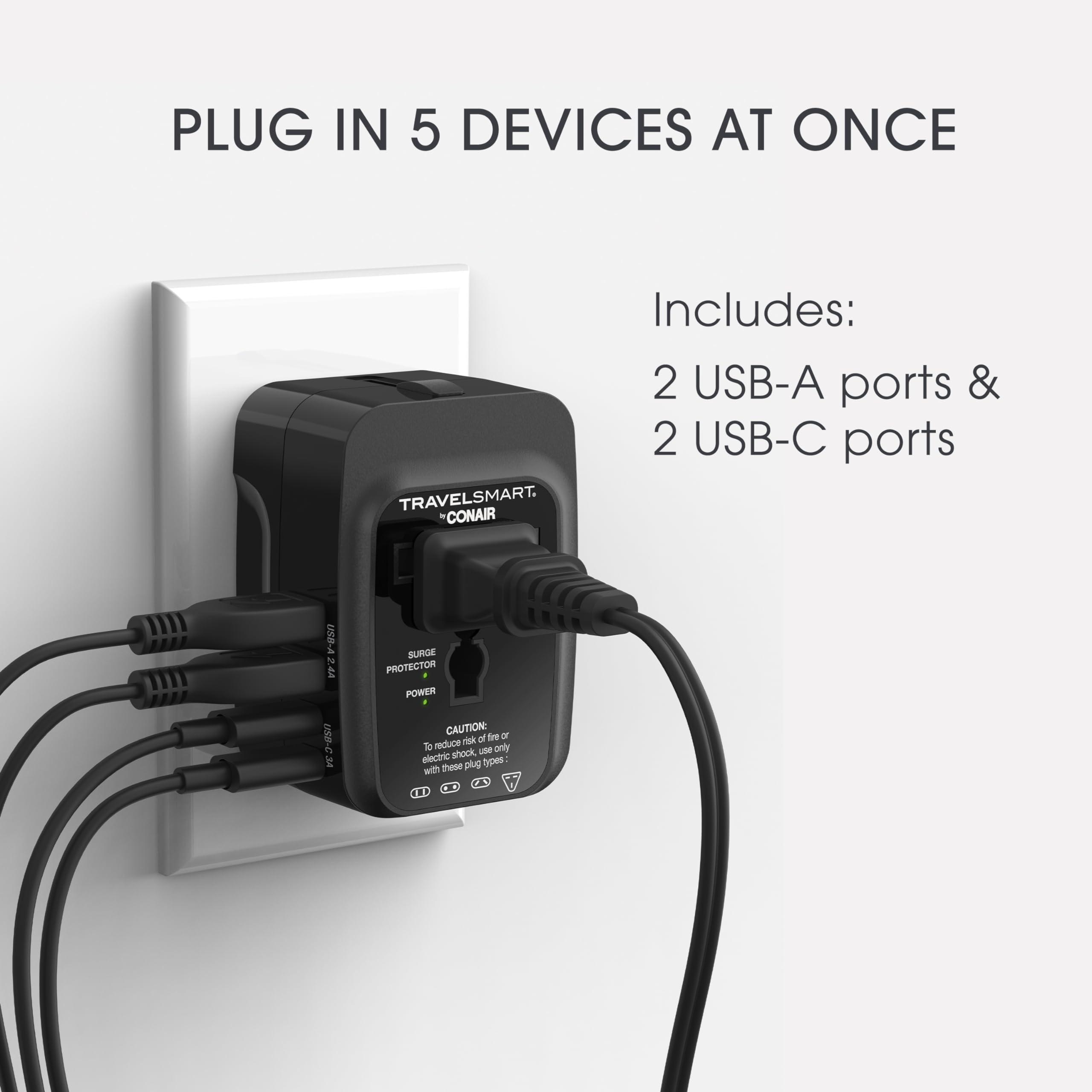 Conair Conair Universal Travel Adapter - All-in-One European and Worldwide Travel Plug Adapter with Surge Protection - Includes USB C Port