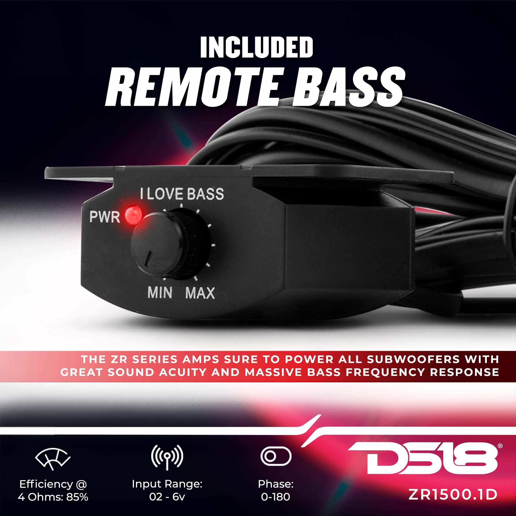 DS18 DS18 ZR1500.1D Car Amplifier 1-Channel Digital Class D Subwoofer Monoblock Amp 4500 Watts Max Wattage at 1-Ohm - Adjustable Low Pass & Subsonic Filters with Bass Boost - Remote BASS Knob Included
