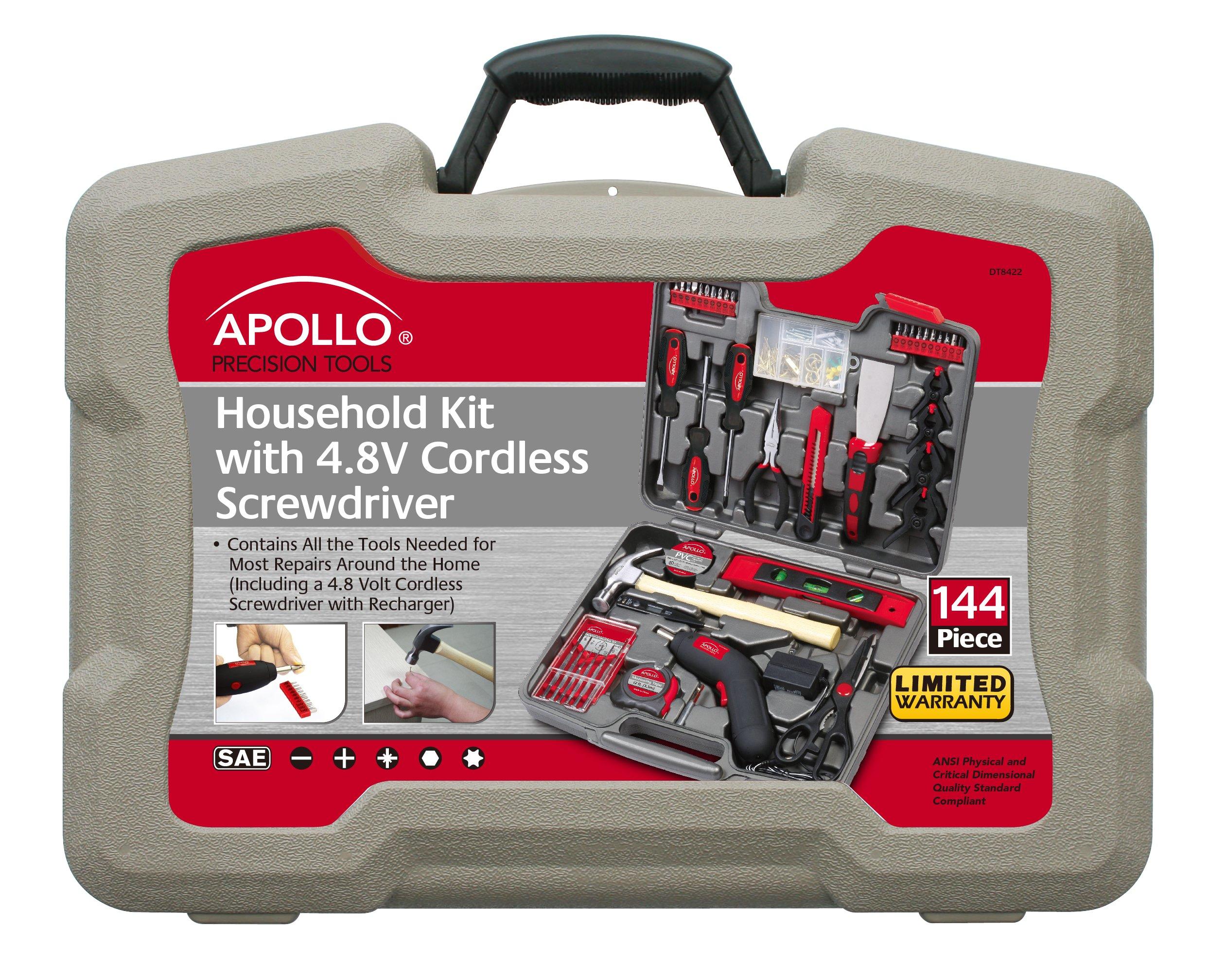 Apollo Tools Apollo Tools 144 Piece Household Tool Set with Convenient Cordless Screwdriver and Most Used Tools in Sturdy Carrying Case for Home Repairs, DIY and Crafts - Red - DT8422