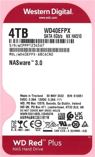 Western Digital Western Digital 4TB WD Red Plus NAS Internal Hard Drive HDD - 5400 RPM, SATA 6 Gb/s, CMR, 256 MB Cache, 3.5\" -WD40EFPX (Renewed)