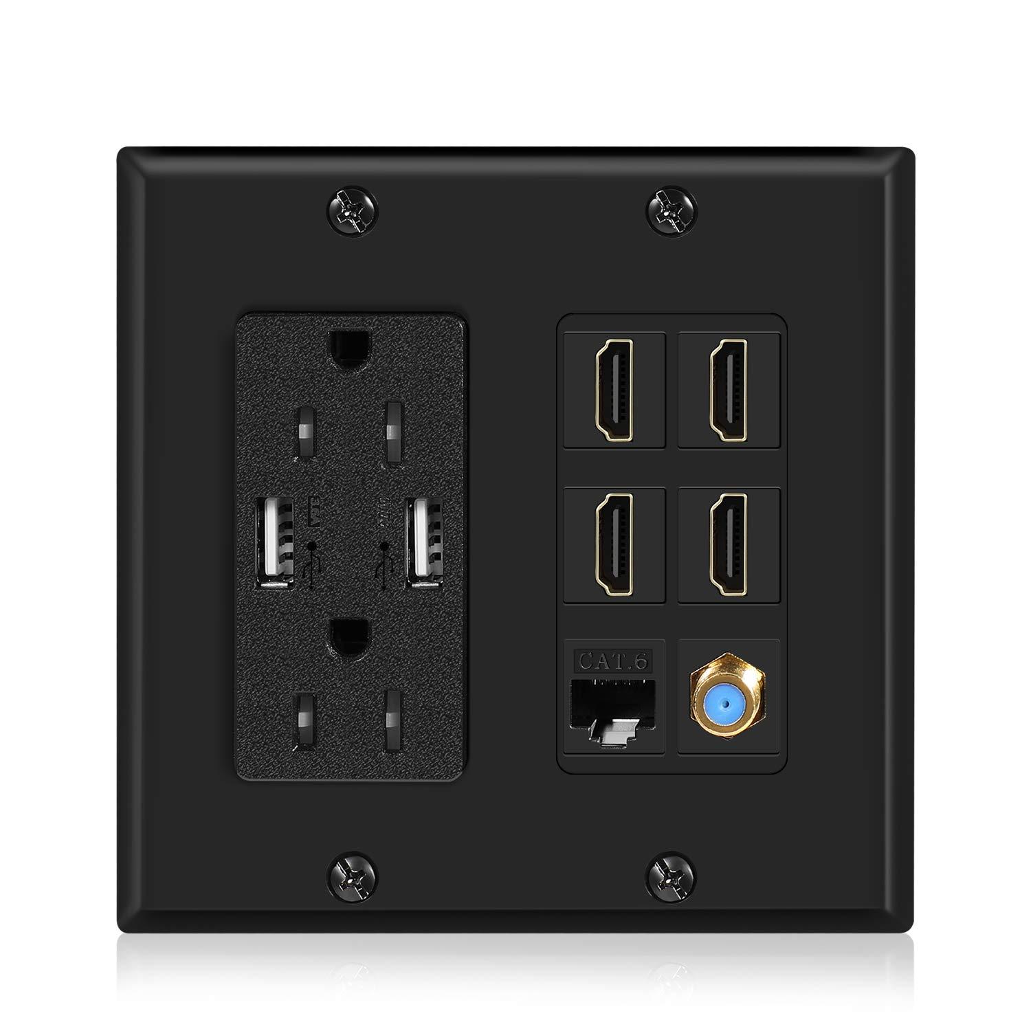 TNP Products TNP Multimedia Outlet Box (Black) - HDMI Outlet Wall Plate with USB Charging, USB Wall Plate Charger and Power Outlet 15A, 4 HDMI Ports, 1 Cat6 RJ45 Ethernet Port, Coaxial Cable Outlet, Keystone Jack