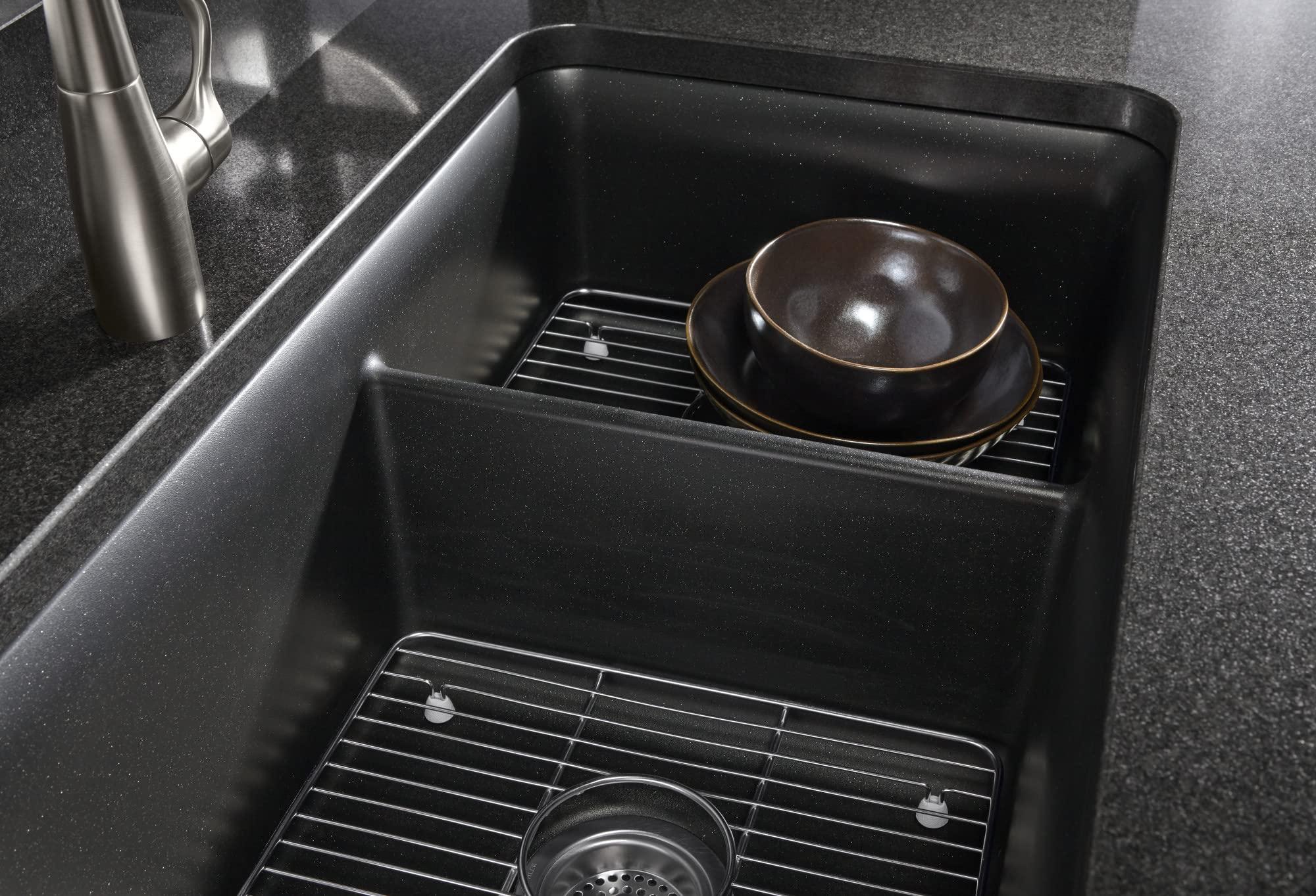 Kohler KOHLER K-8204-CM1 Cairn Sink, 33\" Neoroc Composite Undermount Double-Bowl Kitchen Sink, Composite Kitchen Sink with Sink Rack, Matte Black