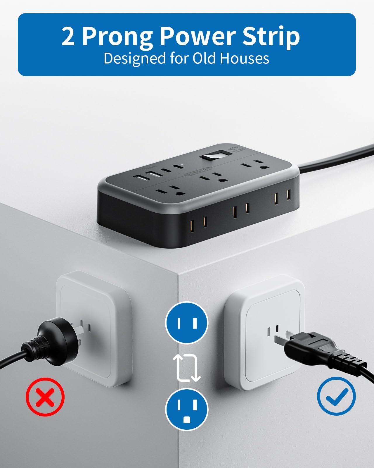 NTONPOWER NTONPOWER 2 Prong Power Strip with 2 USB C+ 2 USB A, 1875W/1080J 2 Prong Surge Protector with 180 Rotating Flat Plug, 2 Prong Extension Cord with 6 AC Outlets, 2 Prong to 3 Prong Outlet Adapter