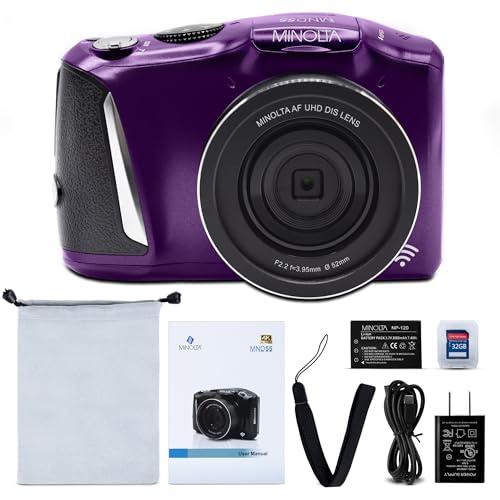 Minolta Minolta 64MP Digital Camera 4K Ultra HD Video at 60FPS, 16x Digital Zoom, WiFi, CMOS Sensor, 3-inch LCD Display, Auto Exposure - Includes 32GB Memory Card, Rechargeable Battery (Purple)