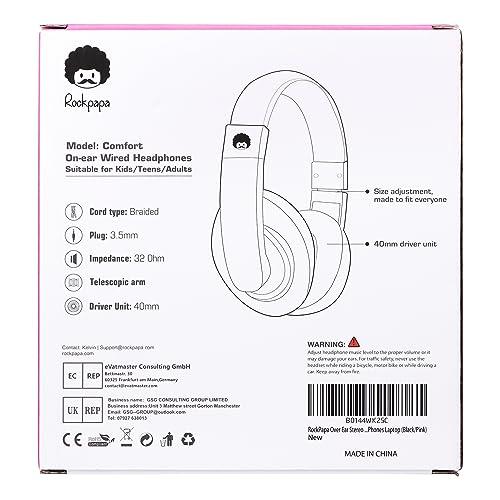 rockpapa rockpapa Comfort Kids Headphones for School, Lightweight Childrens Boys Girls Teens Over-Ear Headphones Wired 3.5mm for CD DVD Player Tablet Phone Travel Black/Pink