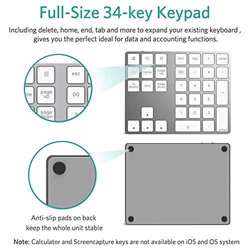 HoRiMe HoRiMe Bluetooth Number Pad, Rechargeable Wireless Numeric Keypad Slim 34-Keys Aluminum Number Keypad External Data Entry Compatible for Laptop