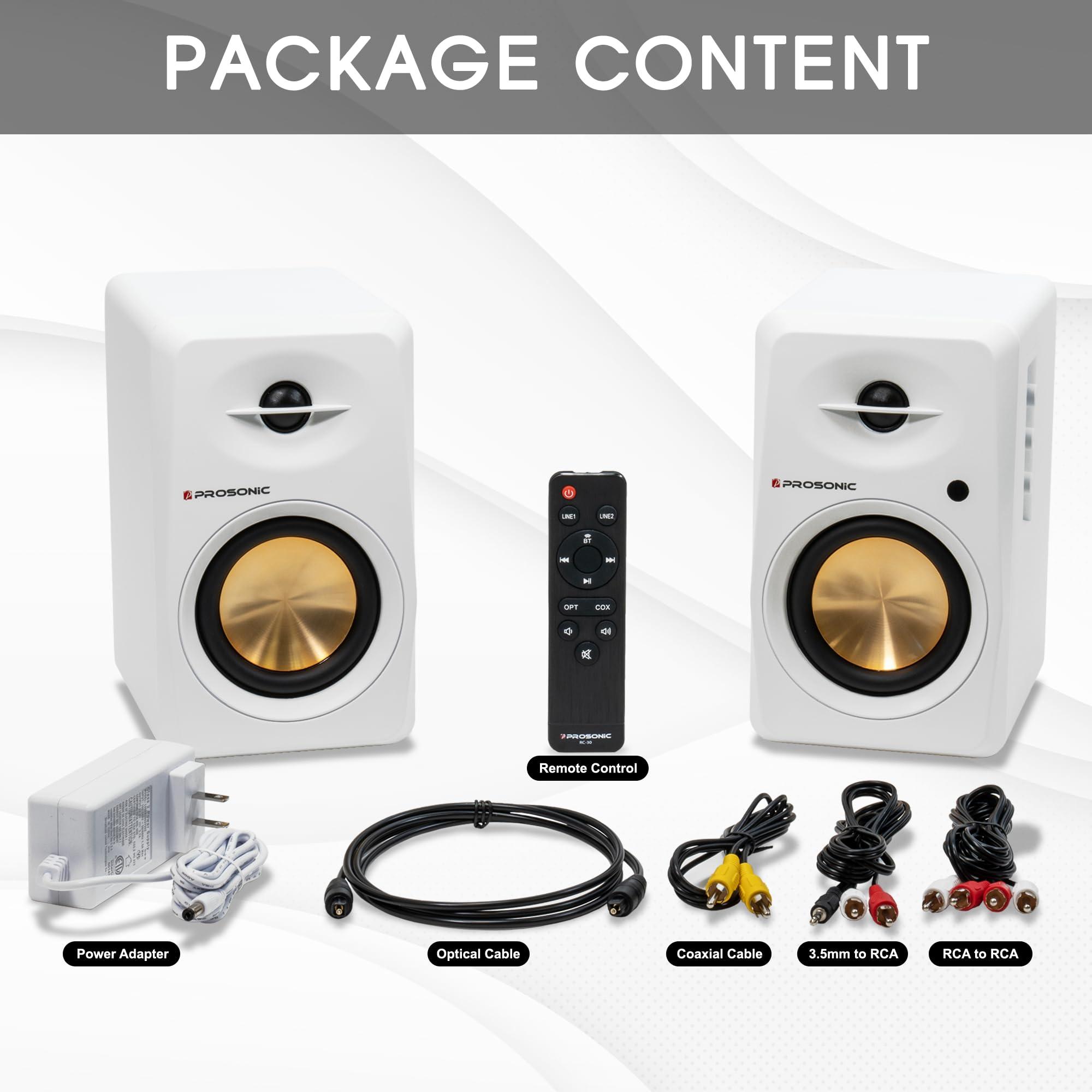 P Prosonic Prosonic BT30 Active Powered Bluetooth Bookshelf Speakers, Studio Monitor, Home Theater, Turntable, with Optical Input, Coaxial Input, 2X RCA Aux Line Input, 80 Watts, (White)