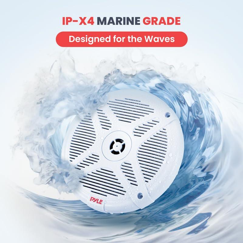 Pyle 6.5 Inch Bluetooth Marine Speakers - 2-way IP-X4 Waterproof and Weather Resistant Outdoor Audio Dual Stereo Sound System with 600 Watt Power and Low Profile Design - 1 Pair - Pyle PLMRBT65W (White)