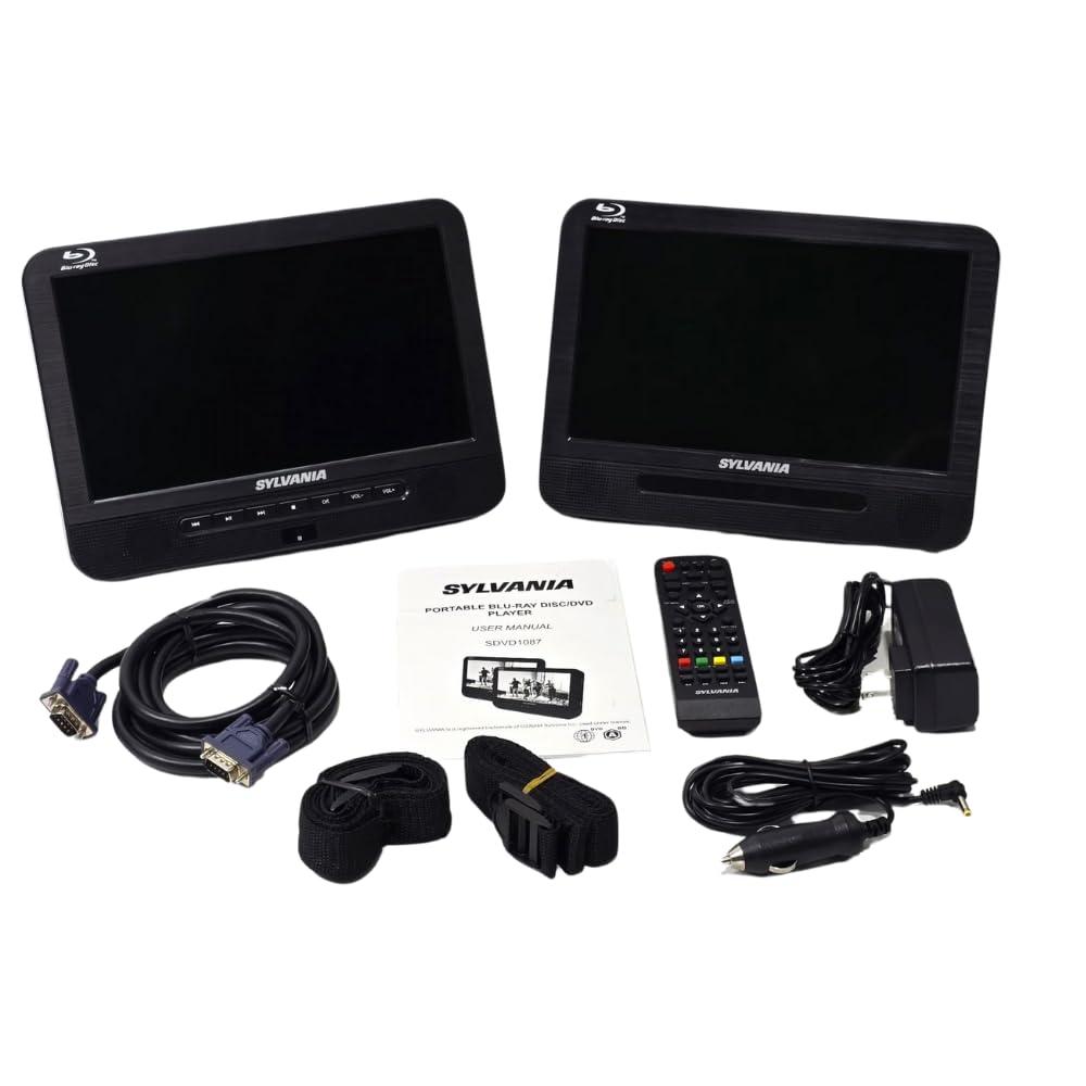 SYLVANIA Sylvania 10.1\" Dual Screen 720p Portable Blu-ray DVD CD player with HDMI out (1080p), SD Card slot, USB, Perfect Entertainment for Car use, Long Road Trips or on Vacation - SDVD1087 (Renewed)