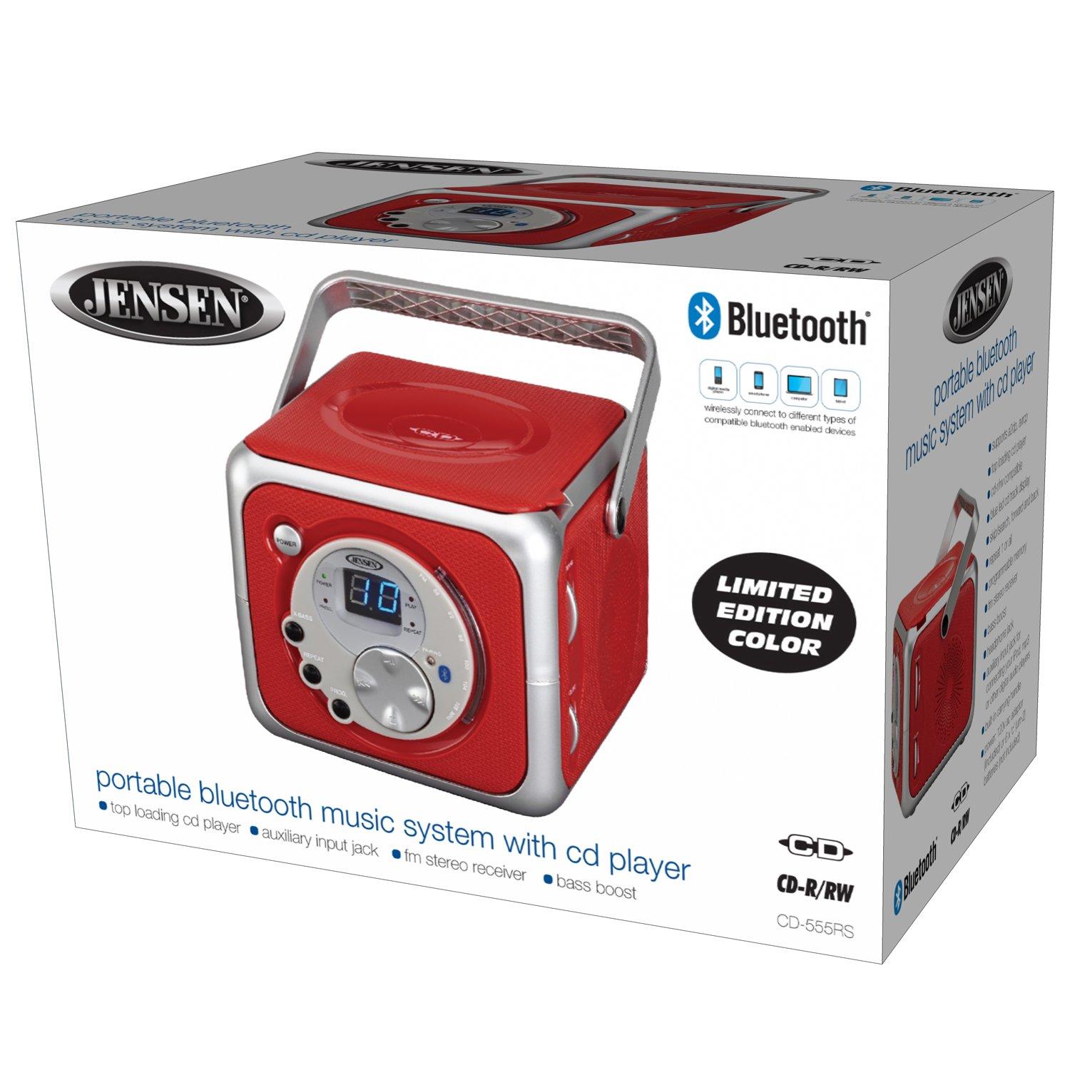 Jensen Jensen CD-555 Red CD Bluetooth Boombox Portable Bluetooth Music System with CD Player +CD-R/RW & FM Radio with Aux-in & Headphone Jack Line-in Limited Edition- (Red)
