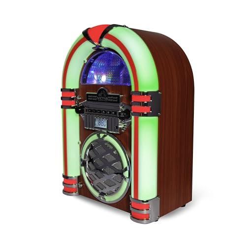 VICTOR VICTOR Wilshire Desktop Bluetooth Jukebox with FM Radio, Built-in Stereo Speaker and Multicolor LED Lighting, Mahogany (VDTJ-1450-MH)
