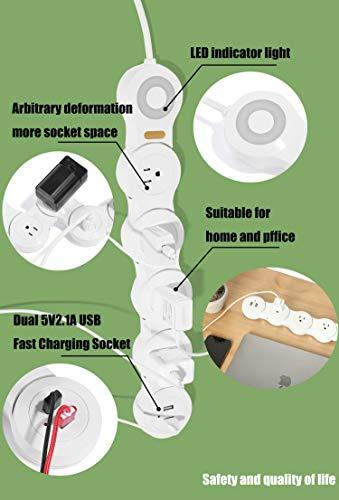 VVONS Flexible Surge Protector Power Strip, 6 Feet Long Cord 4 Outlets 2 USB 10V/13amp Flat Plug with Overload Protection Extension Cord,Suitable for Home Office Travel,White