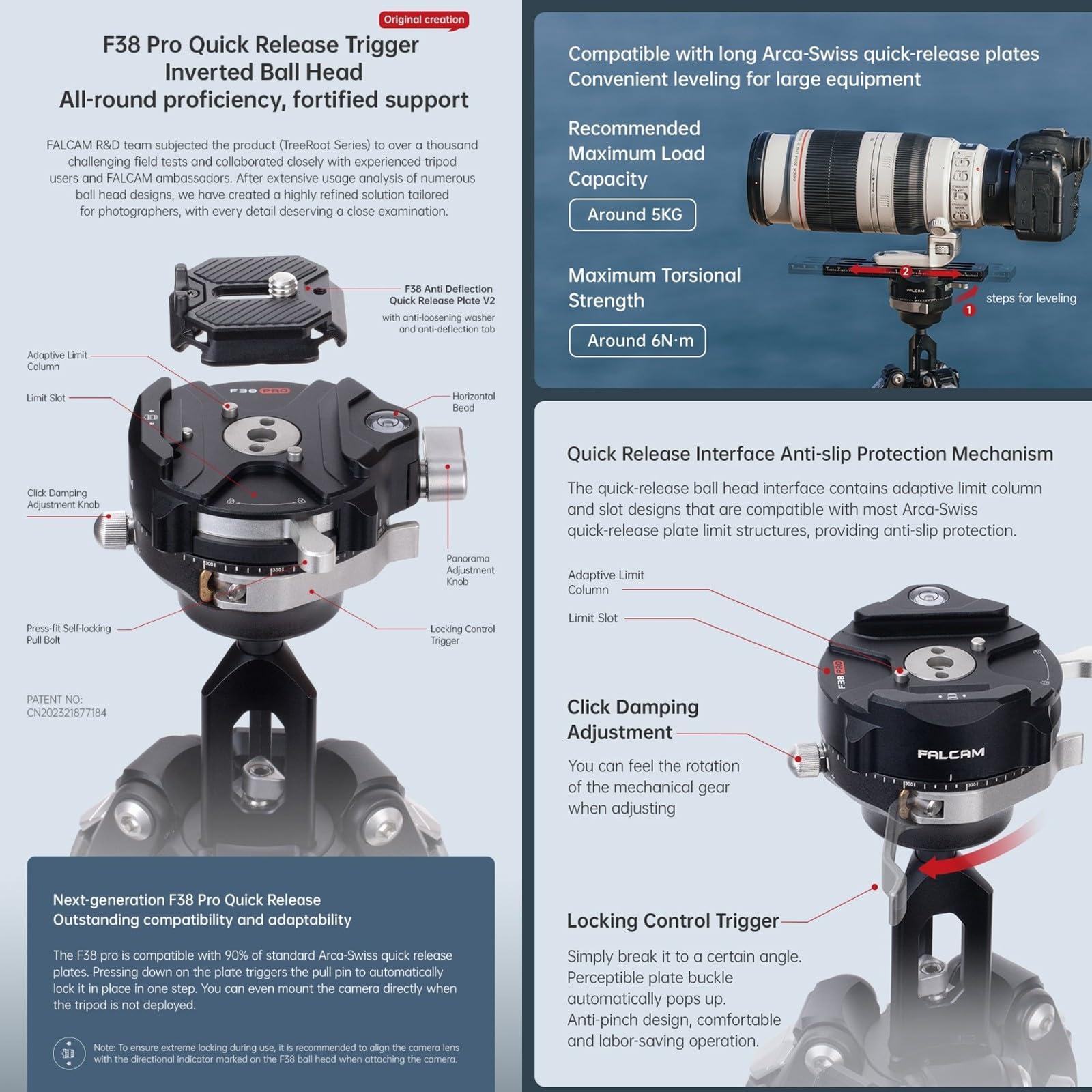 EACHSHOT Falcam TreeRoot F38 Pro 61" Carbon Fiber Tripod,Quick Lock Travel Tripod Capacity 5kg/11lbs with 1/4" Screw,Carry Strap Holes for Cameras