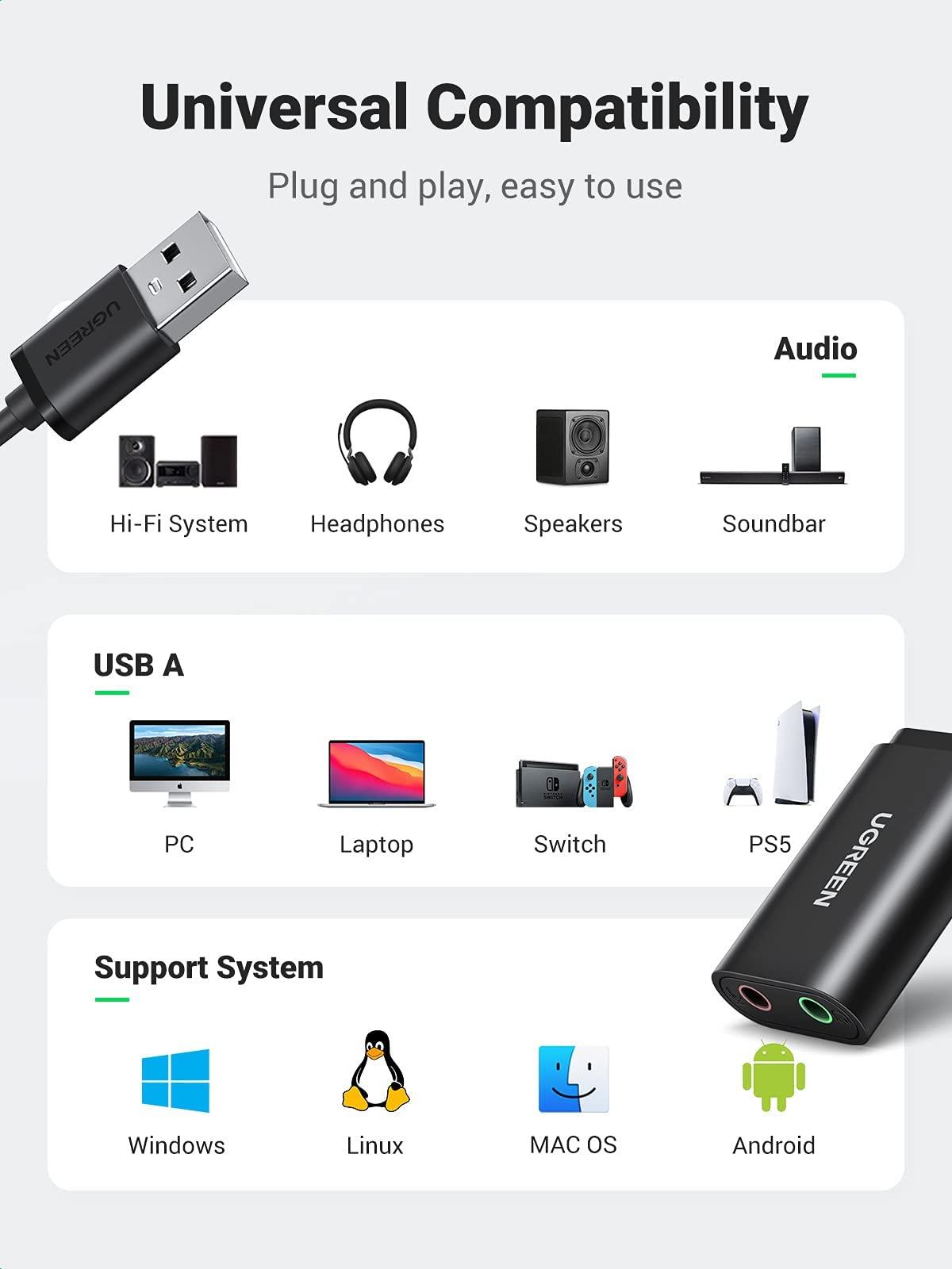 UGREEN UGREEN USB Audio Adapter External Sound Card Bundle with 4-Pole 3.5mm Audio Cable 3FT