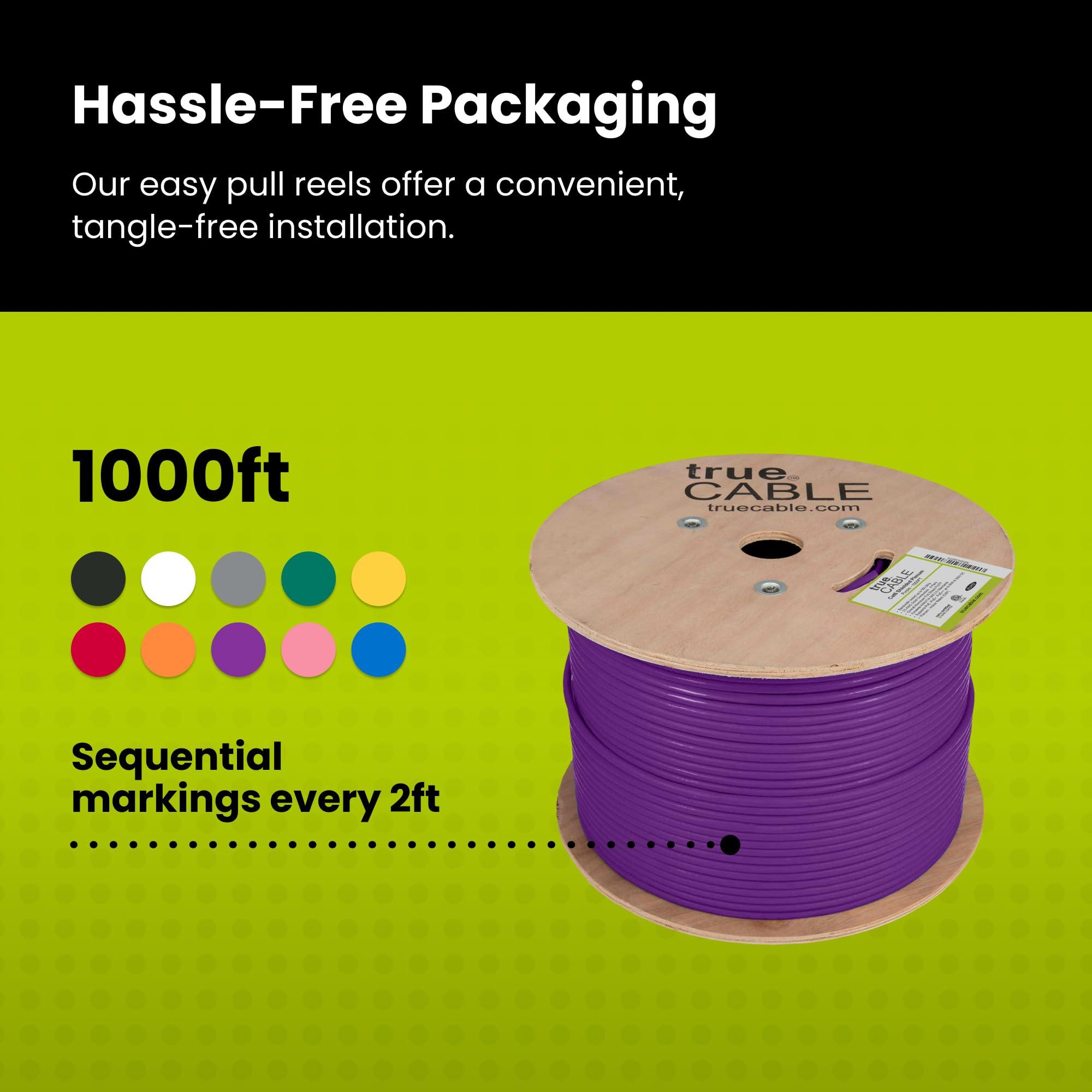 TRUE CABLE trueCABLE Cat6 Plenum Shielded (CMP), 1000ft, Purple, 23AWG Solid Bare Copper, 550MHz, PoE++ (4PPoE), ETL Listed, Overall Aluminum Foil Shield (F/UTP), Bulk Ethernet Cable