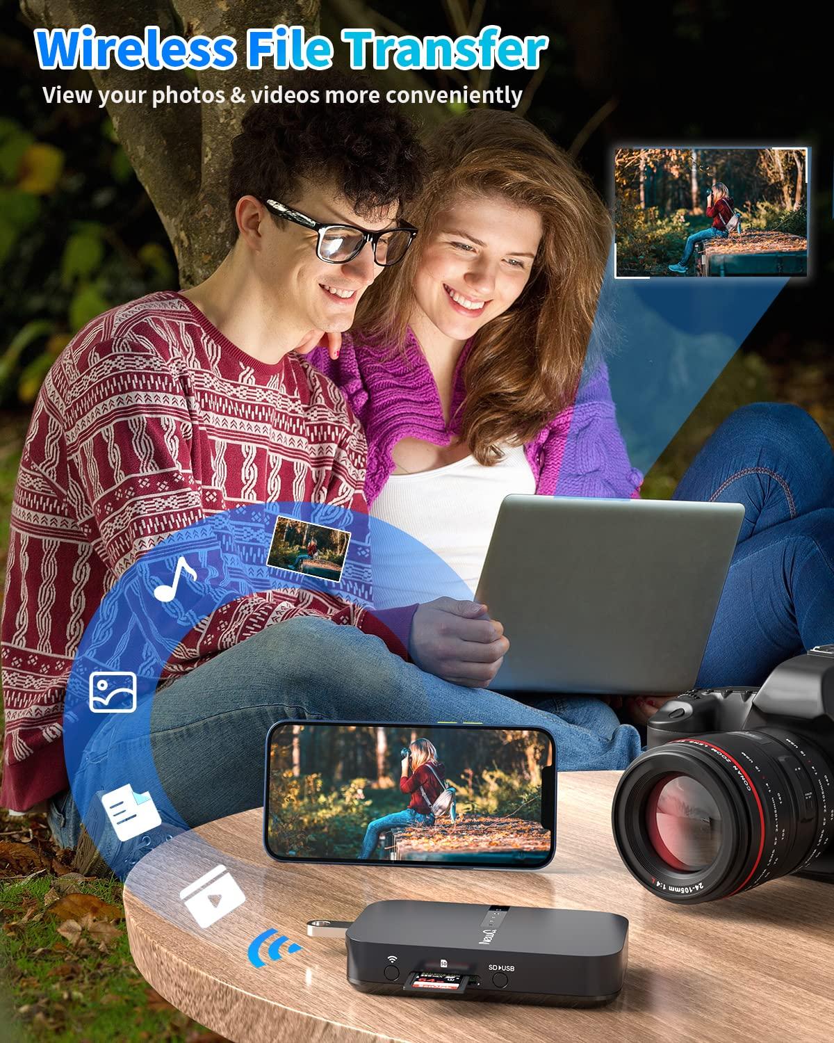 NEWQ NewQ Filehub AC750 Travel Router: Portable Hard Drive SD Card Reader & Mini WiFi Range Extender for Travel | Wireless Access External Harddrive & USB Storage Device to Backup Photo & Files from iPhone