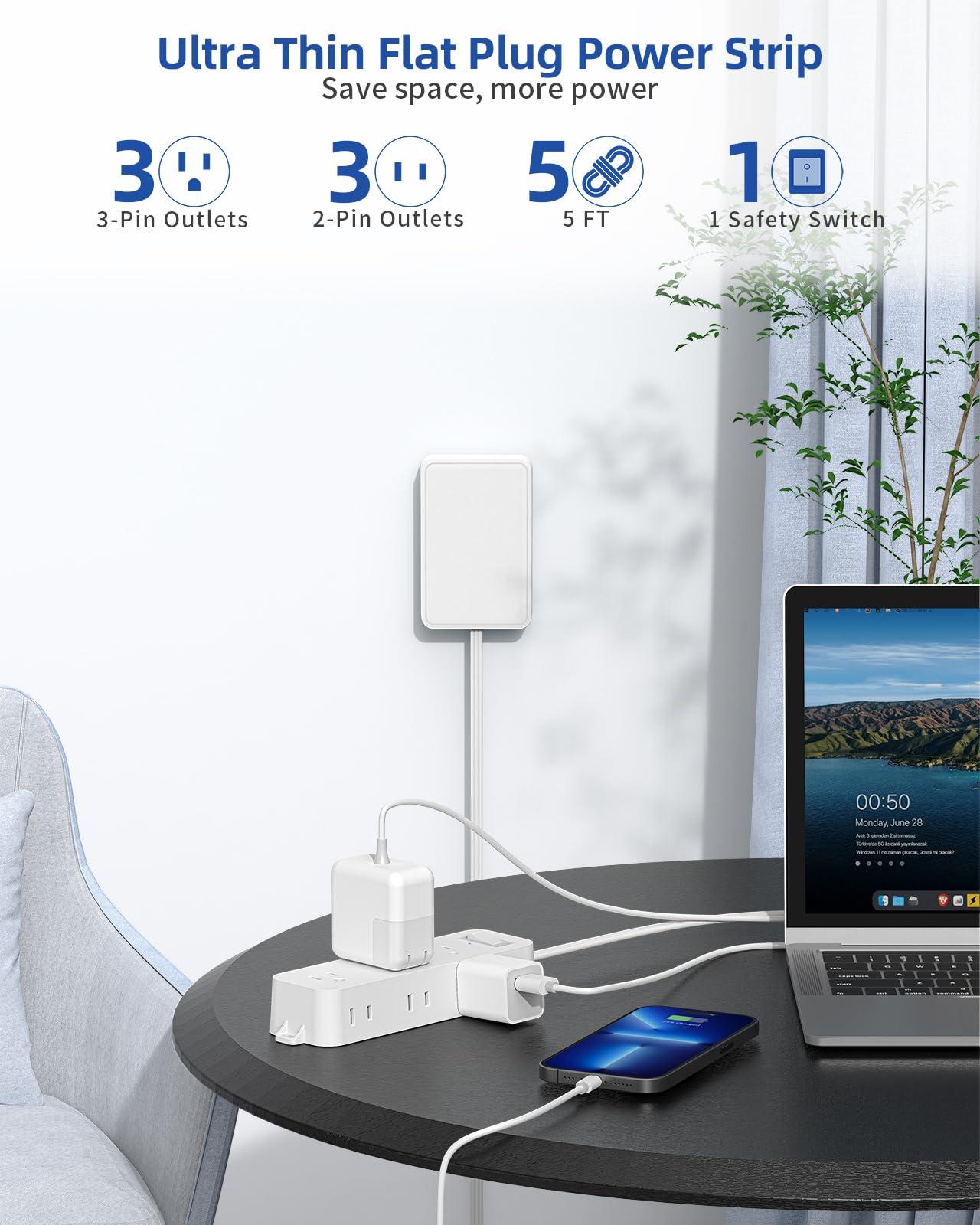 PAEWOK Flat Outlet Extender with Detachable Outlet Cover, Flat Wall Extension Cord with 6 Sockets, Flat Plug Power Strip with 5 FT Cord Hidden for Home, Office, College Dorm, White