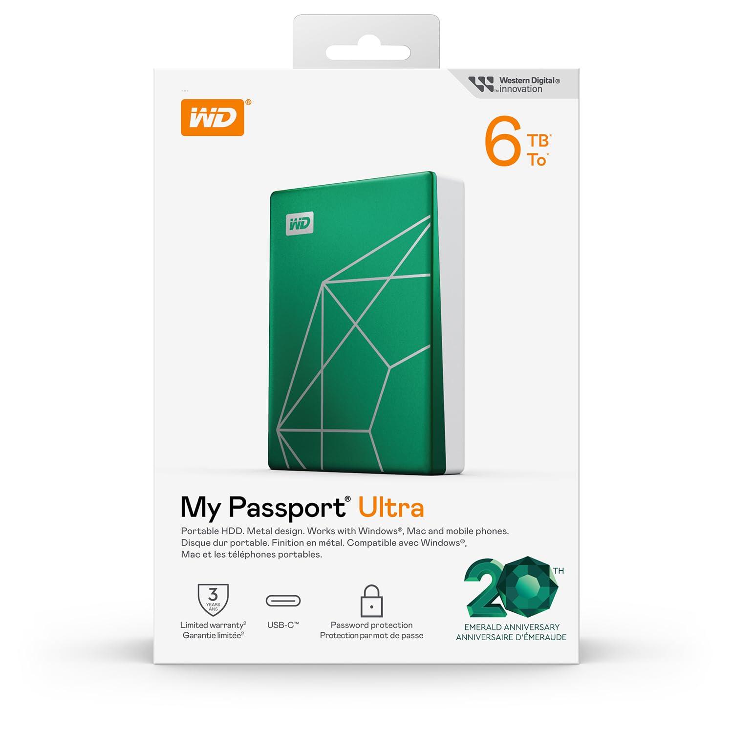WD WD 6TB My Passport Ultra Portable Hard Drive HDD, 20th Anniversary Emerald Drive, USB-C, with Backup Software and Password Protection - WDBECU0060BGN-WESN