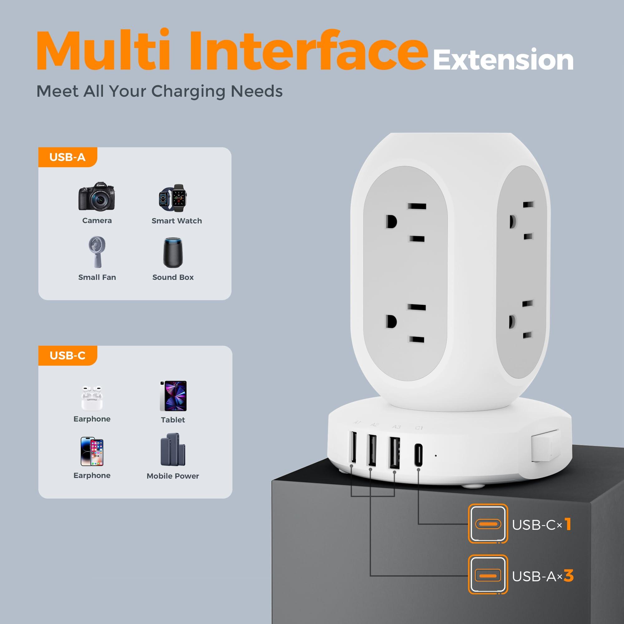 TESSAN Surge Protector Power Strip Tower, TESSAN Flat Plug Extension Cord 10FT with 8 AC Outlets 4 USB Ports (1 USB C), 1050J Protection Charging Station for Home, Office Supplies, Dorm Room Essentials