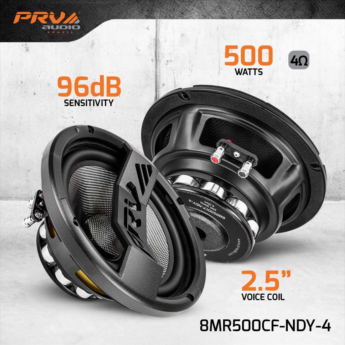 PRV AUDIO PRV AUDIO Carbon Fiber 8\" Midrange Speaker 500 Watts 4 Ohm Neodymium 8MR500CF-NDY-4 Water Resistant Pro Audio Loudspeaker for Boat UTV 4-Wheeler Motorcycle (2 Speakers)