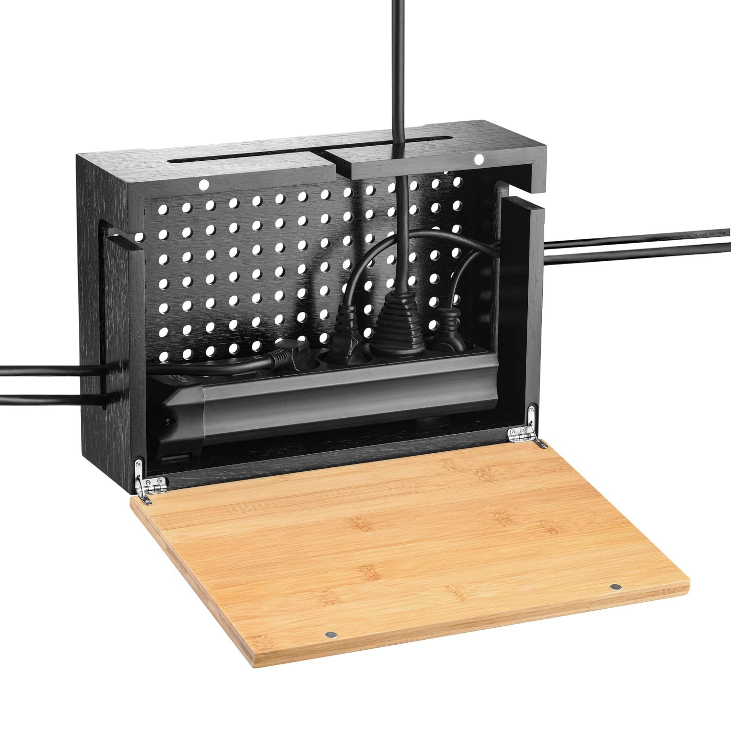 Kos Design Cable Management Box with Magnetic Bamboo Lid & Cable Ties- Elegant, Durable Cable Organizer Box to Hide Cords and Power Strip- Wall Mountable Cable Box Hider for Home, Office, Desk & More (Black)