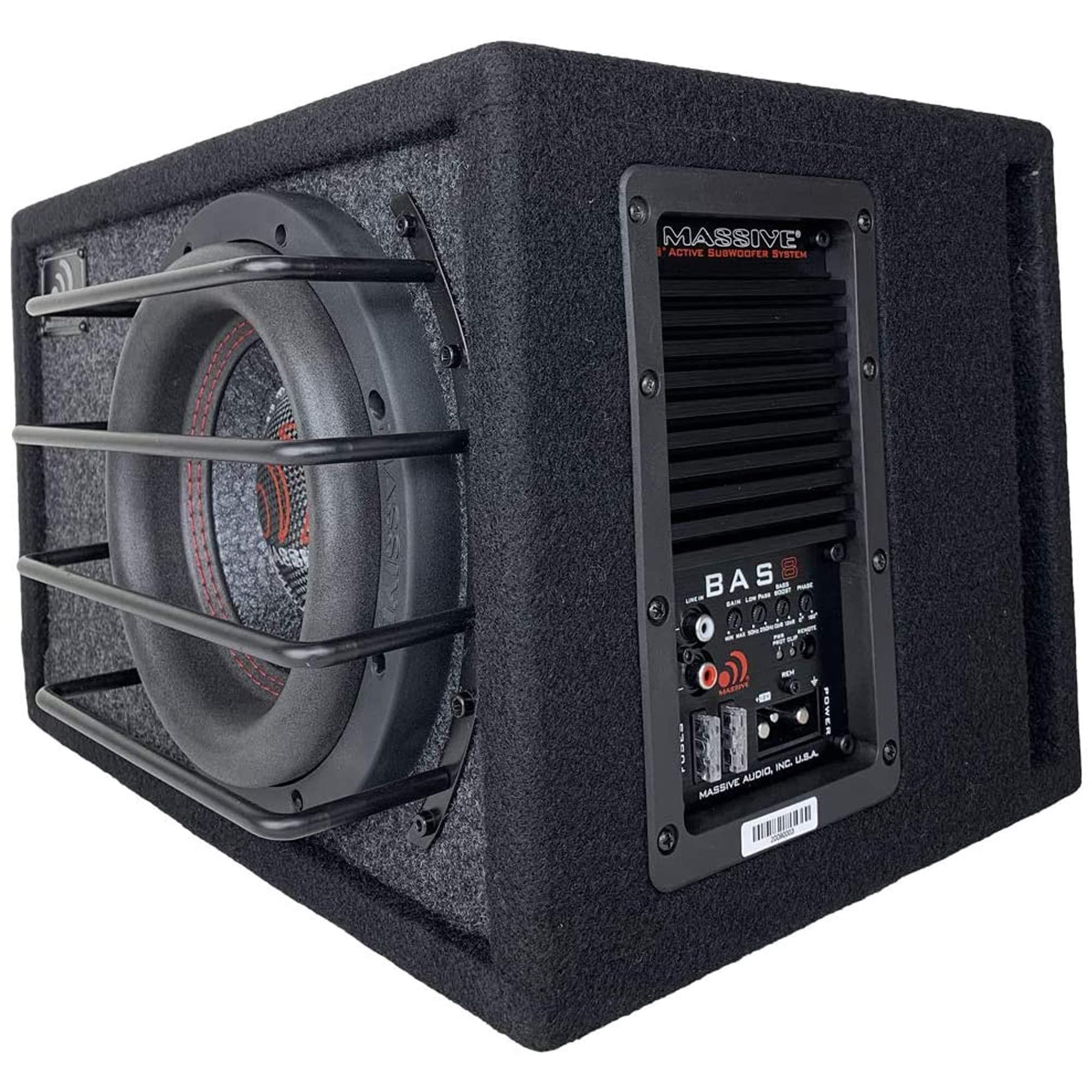 Massive Audio Massive Audio Car Powered Subwoofer Box BAS8 - Powered Subwoofer 8 Inch, 400 Watts RMS / 800 Watts MAX, Loaded Subwoofer Enclosure with Built-in Amplifier.