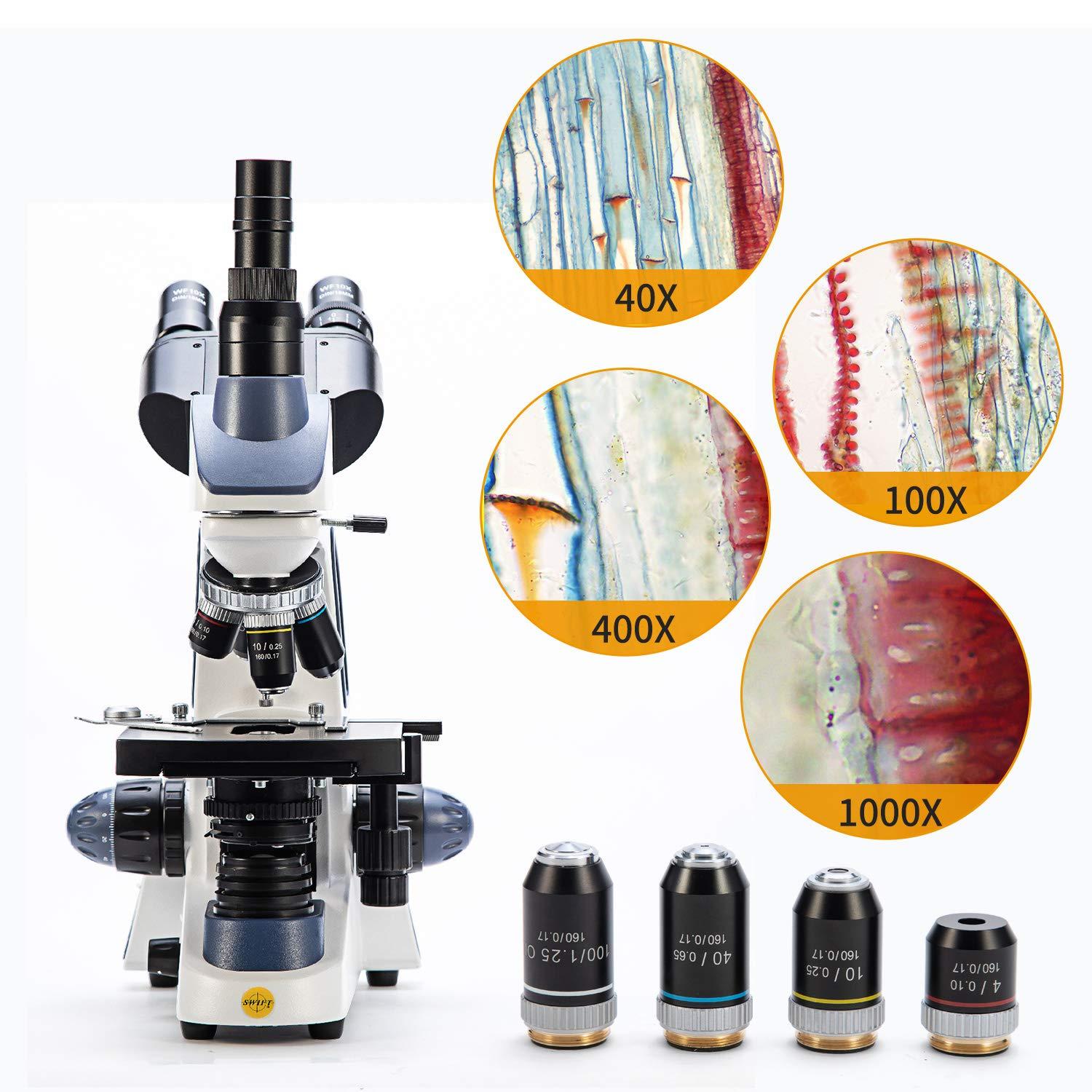 SWIFT Swift SW380T Compound Trinocular Microscope,40X-2500X Magnification,Two-Layer Mechanical Stage,5.0 MP Camera and Software Windows/Mac Compatible and 100 PCS Blank Slides