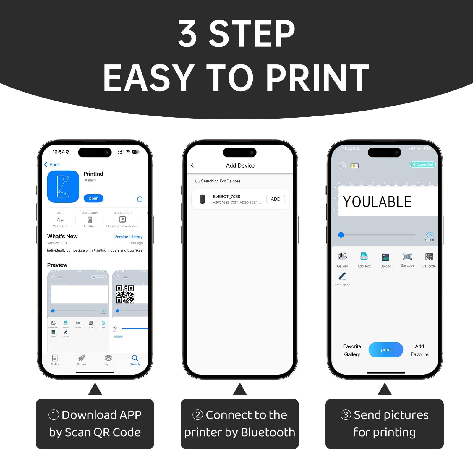 YOULABLE Mini Handheld Printer Code Printer Wirless Printer Compatible with Android and iOS for DIY Printing QR-Code Barcode Production Date Logo Batch Series Number with Quick-Drying Ink Cartridge (BLACK)