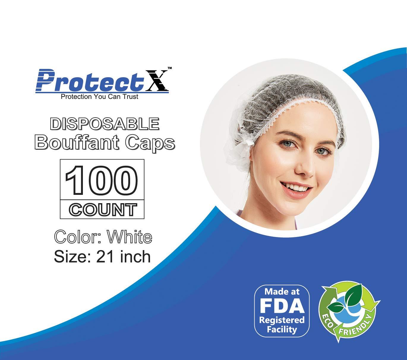ProtectX ProtectX 100-Pack White Disposable Hair Nets, Elastic Head Cover, Bouffant Caps, Sanitation Head Cover for Food Service, Spa Men & Women - 21 inch